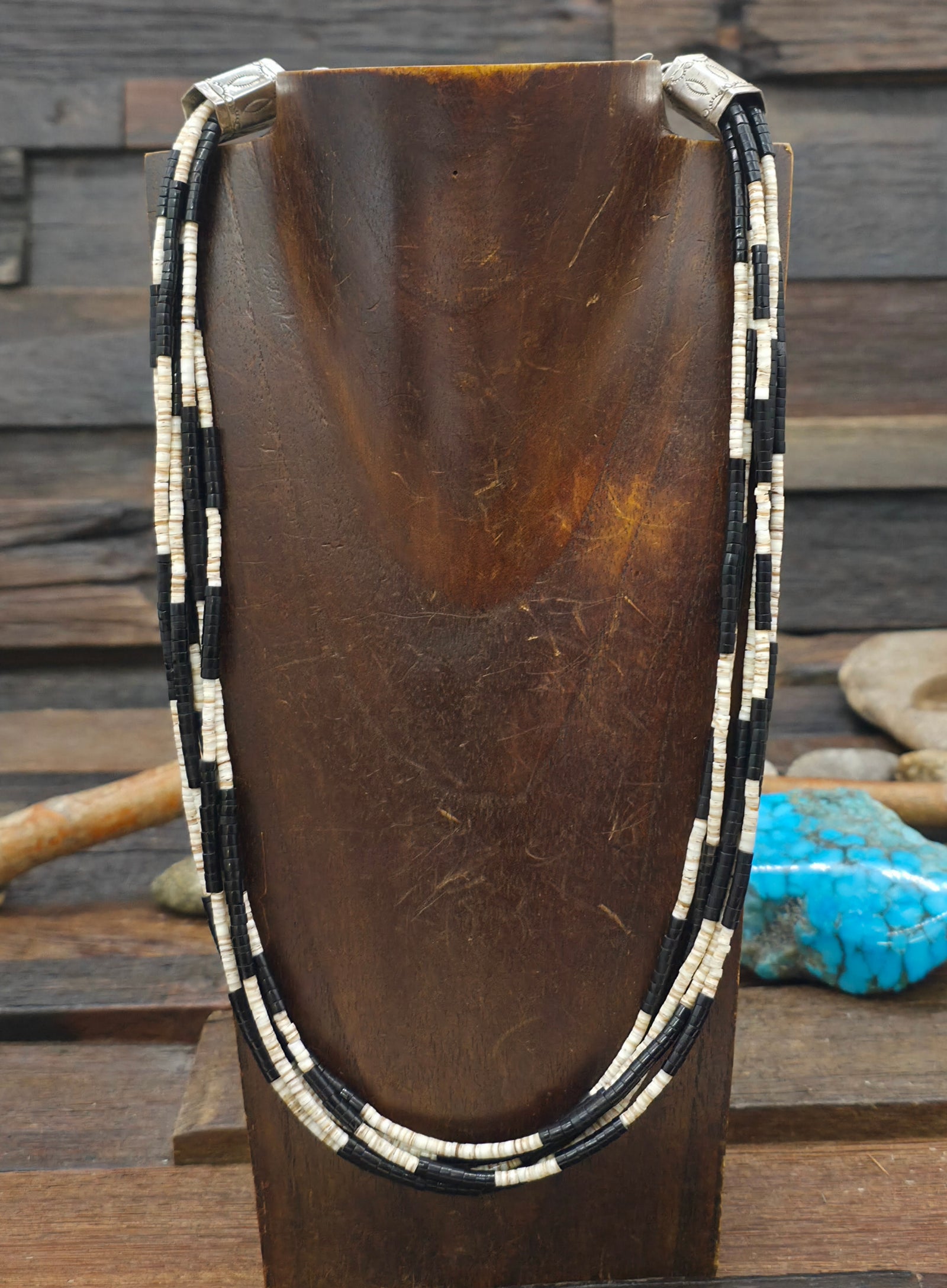 Five Strand Jet And Pin Shell Heishi Bead Necklace by Fred Archuleta - 21 in. plus 6 in. Extender