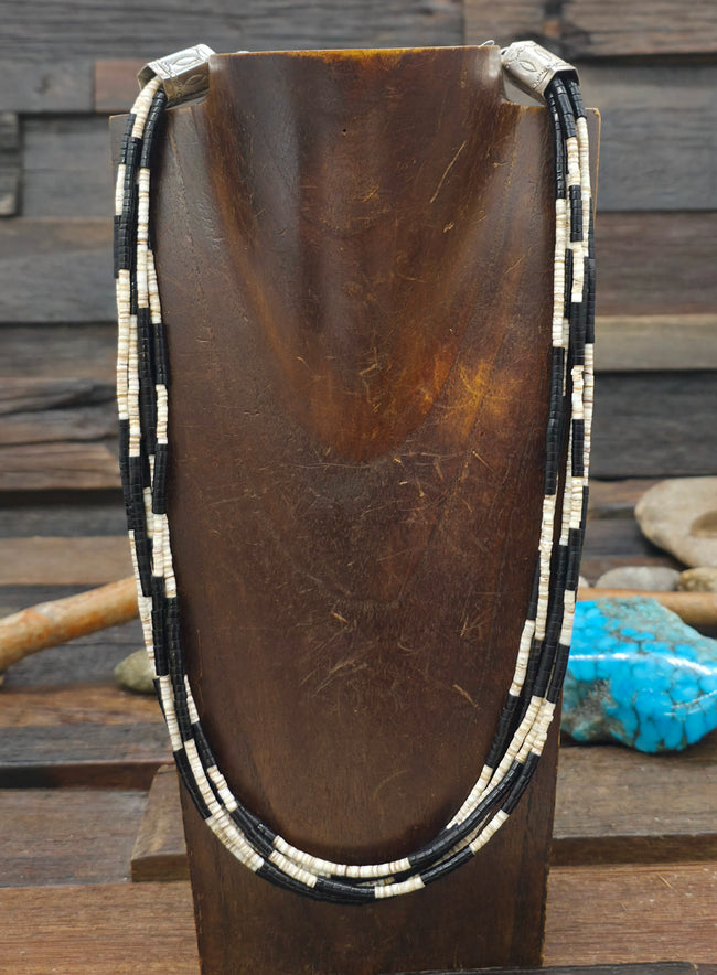 Five Strand Jet And Pin Shell Heishi Bead Necklace by Fred Archuleta - 21 in. plus 6 in. Extender