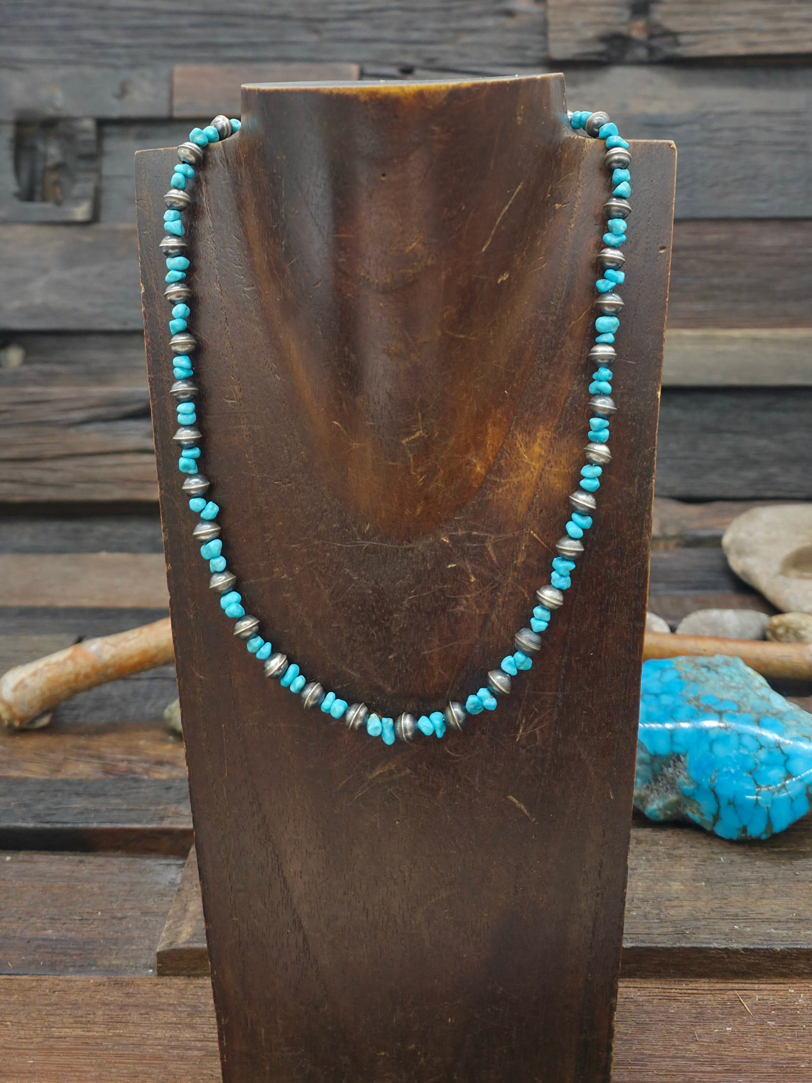 Seamed Sterling Silver Bead and Small Turquoise Nugget Bead Necklace - 18 in.