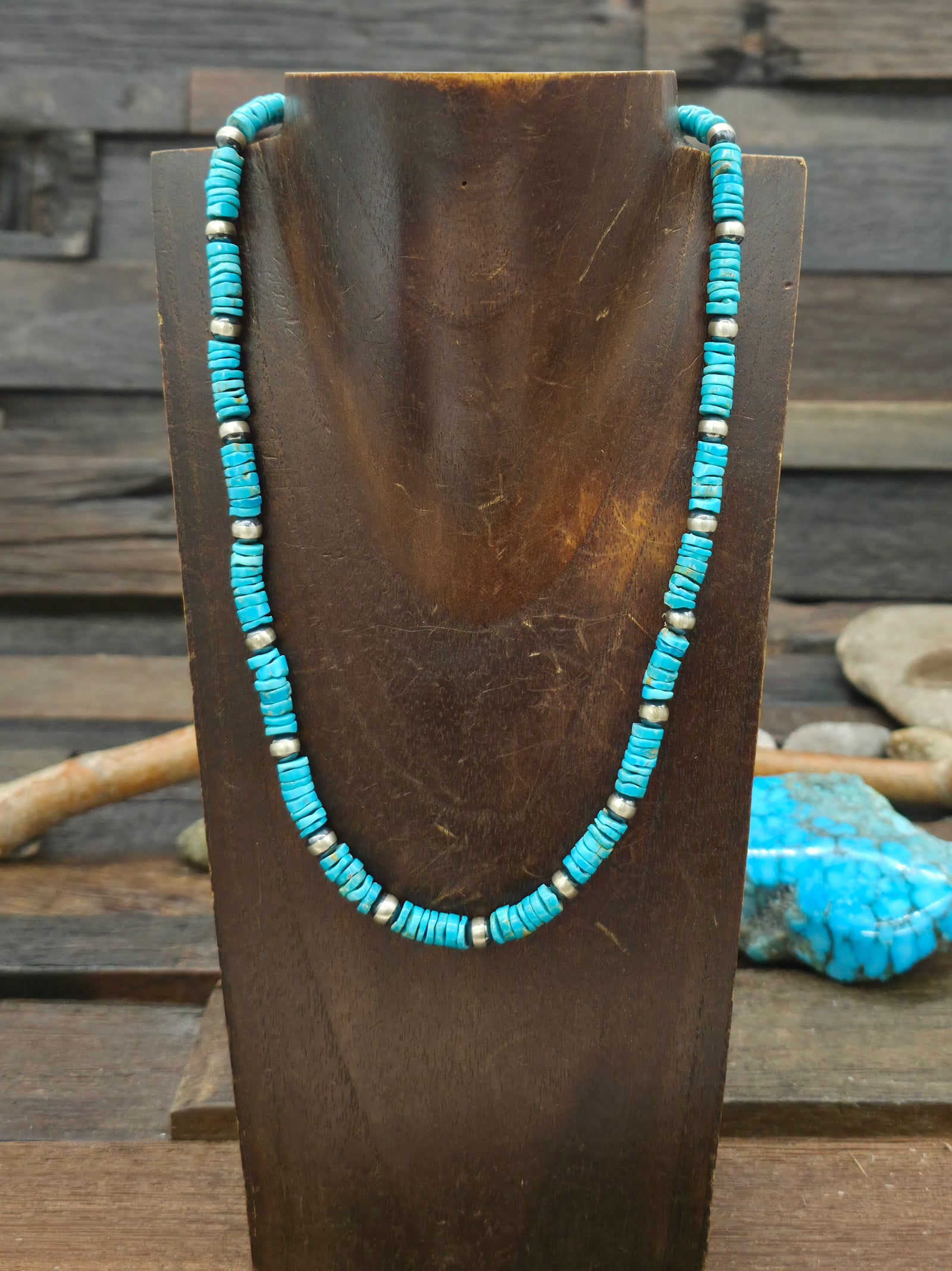 Sterling Silver Bead and Turquoise Heishi Bead Necklace - 18 in.