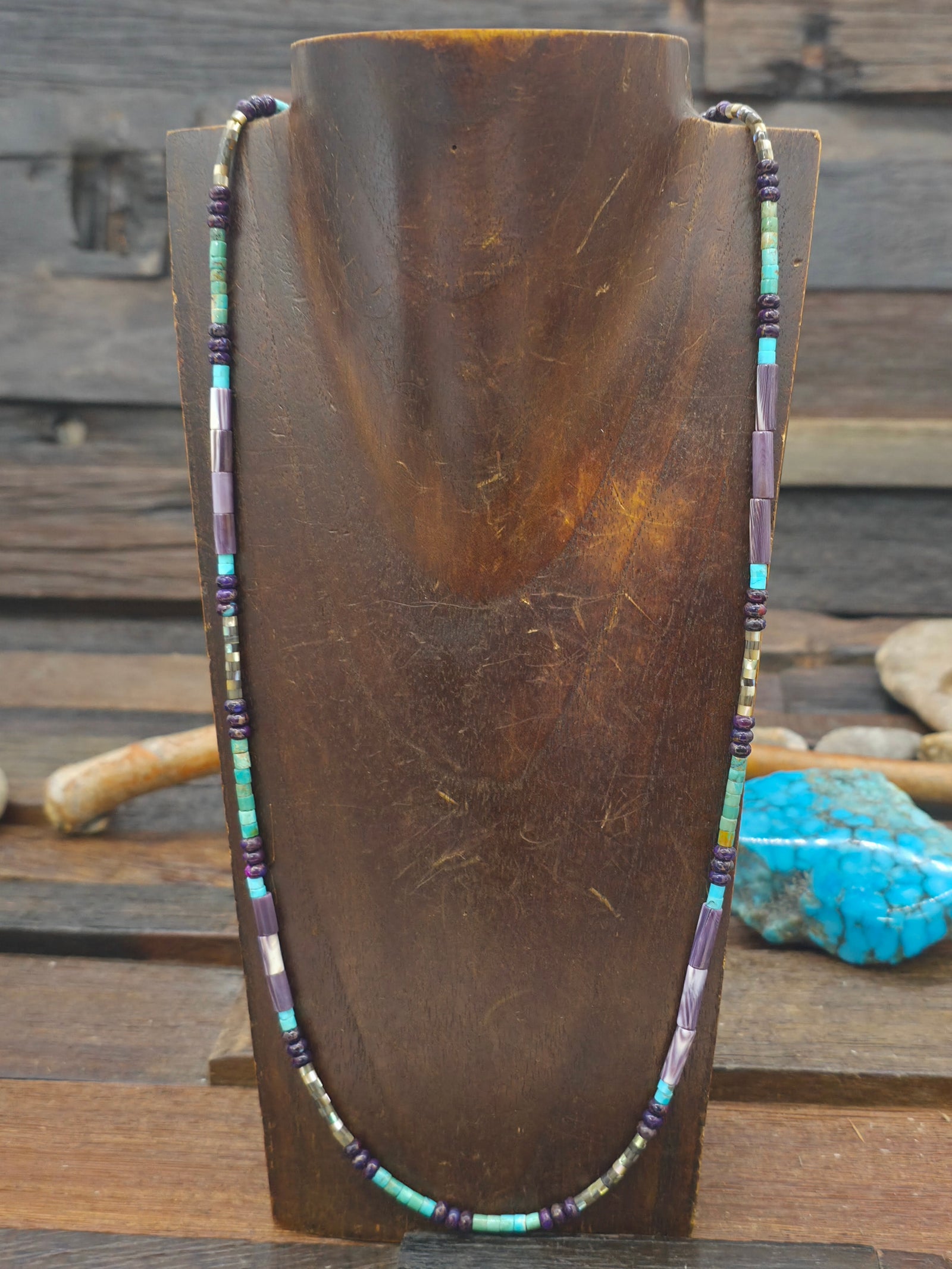 Blue And Green Turquoise, Abalone, and Composite Mojave Bead Necklace by Fred Archuleta - 26 in.