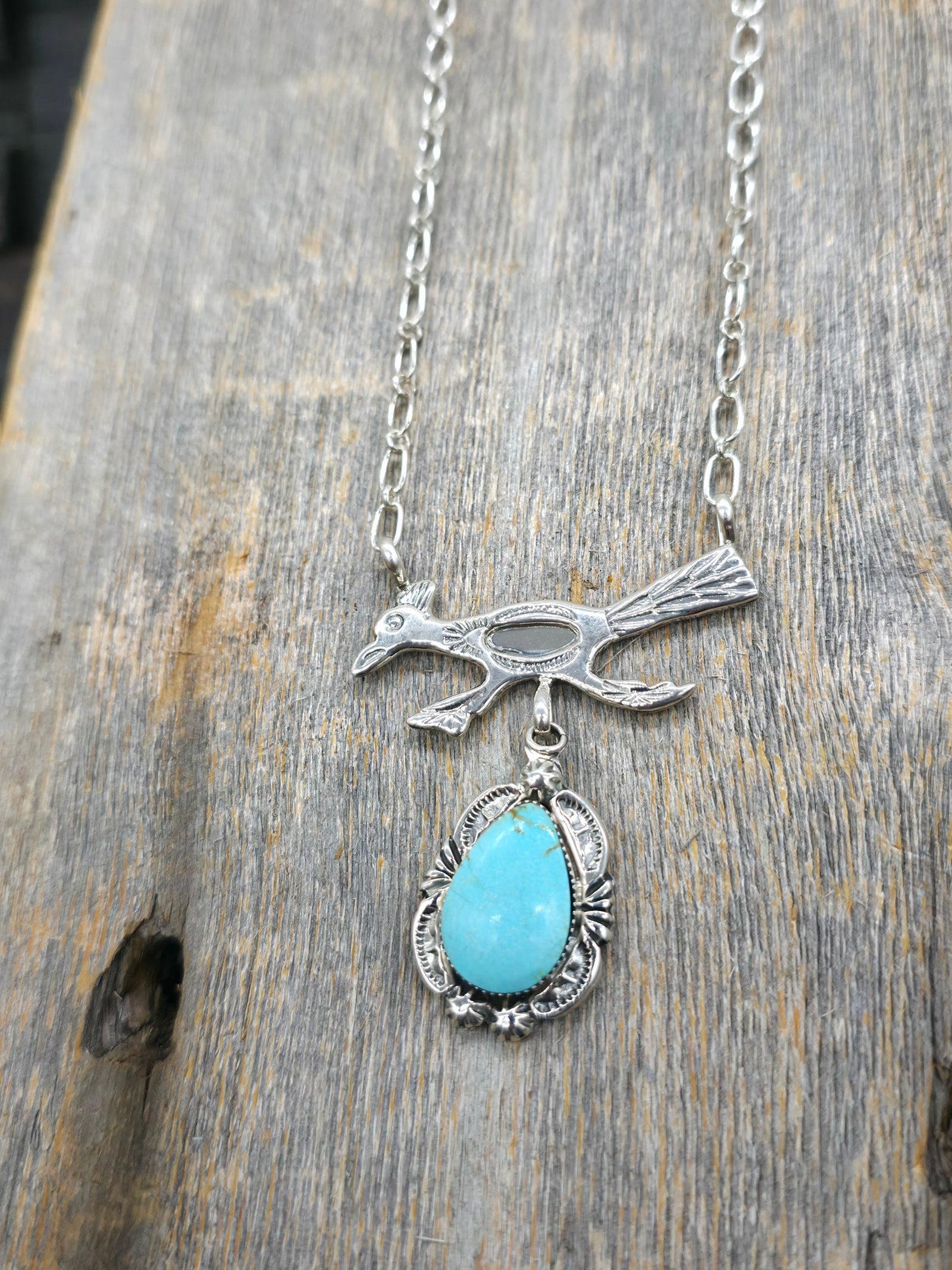 Sterling Silver Turquoise Roadrunner Necklace by Michael Yazzie - 20 in.