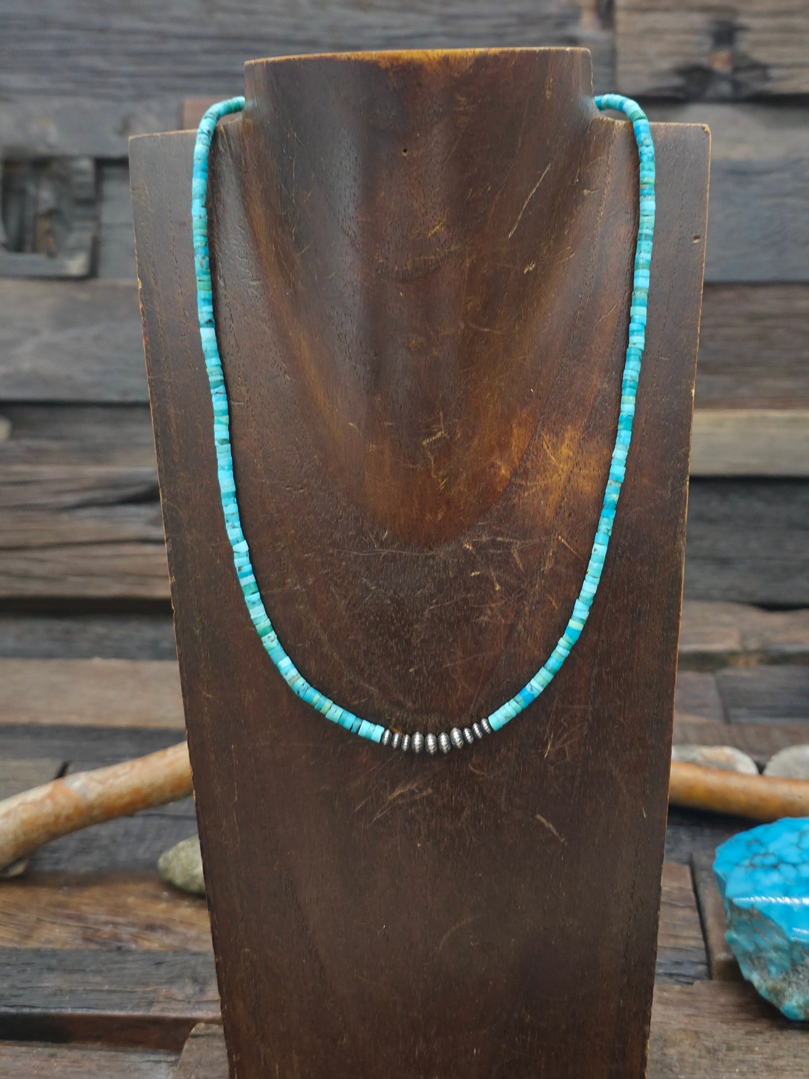 Turquoise Heishi and Fluted Sterling Silver Bead Necklace by Mary Salazar - 16 in. plus 2 1/2 in. Extender