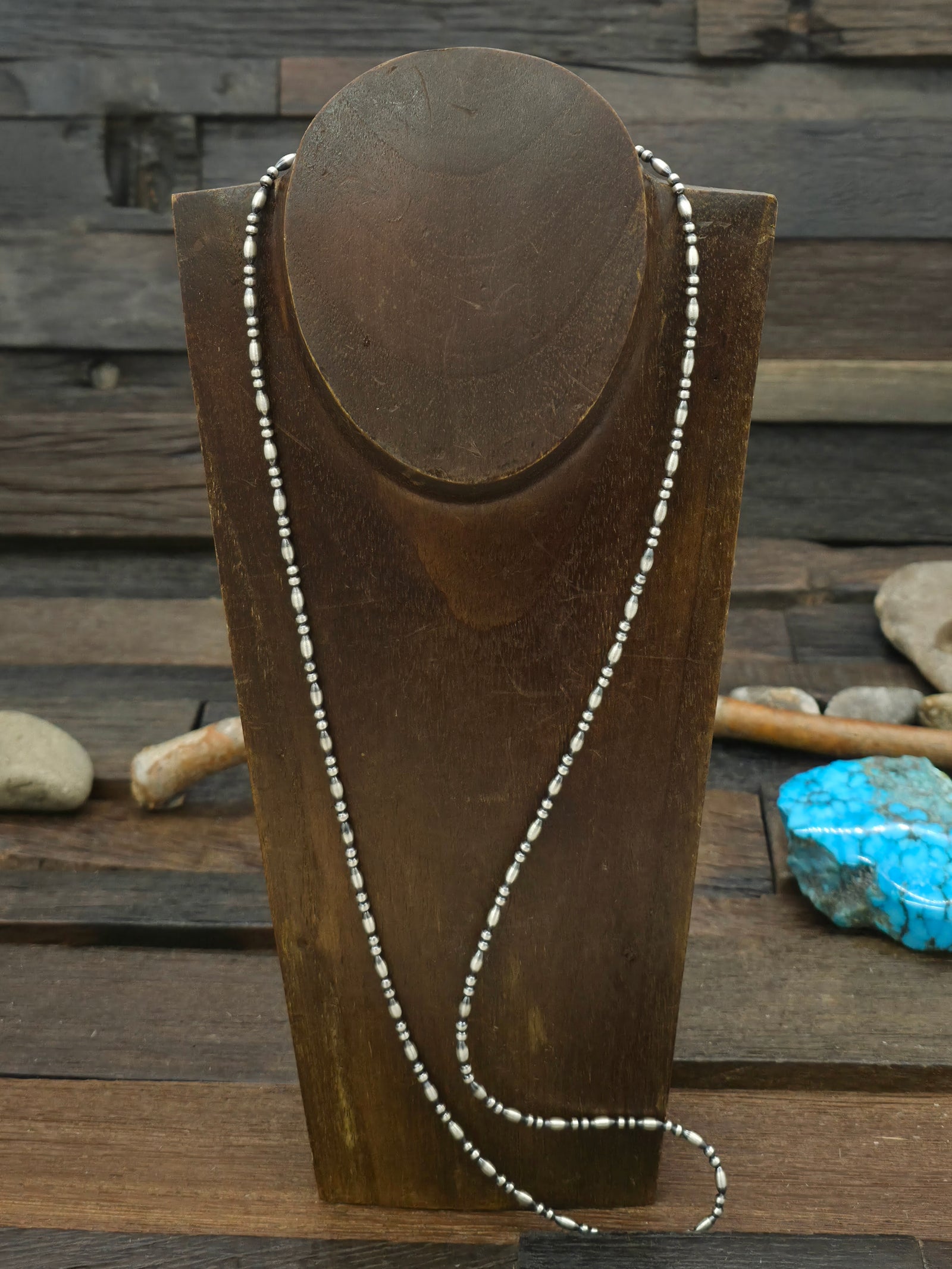 Oxidized Sterling Silver Melon and Round Bead Necklace - 30 in. 3 mm Bead