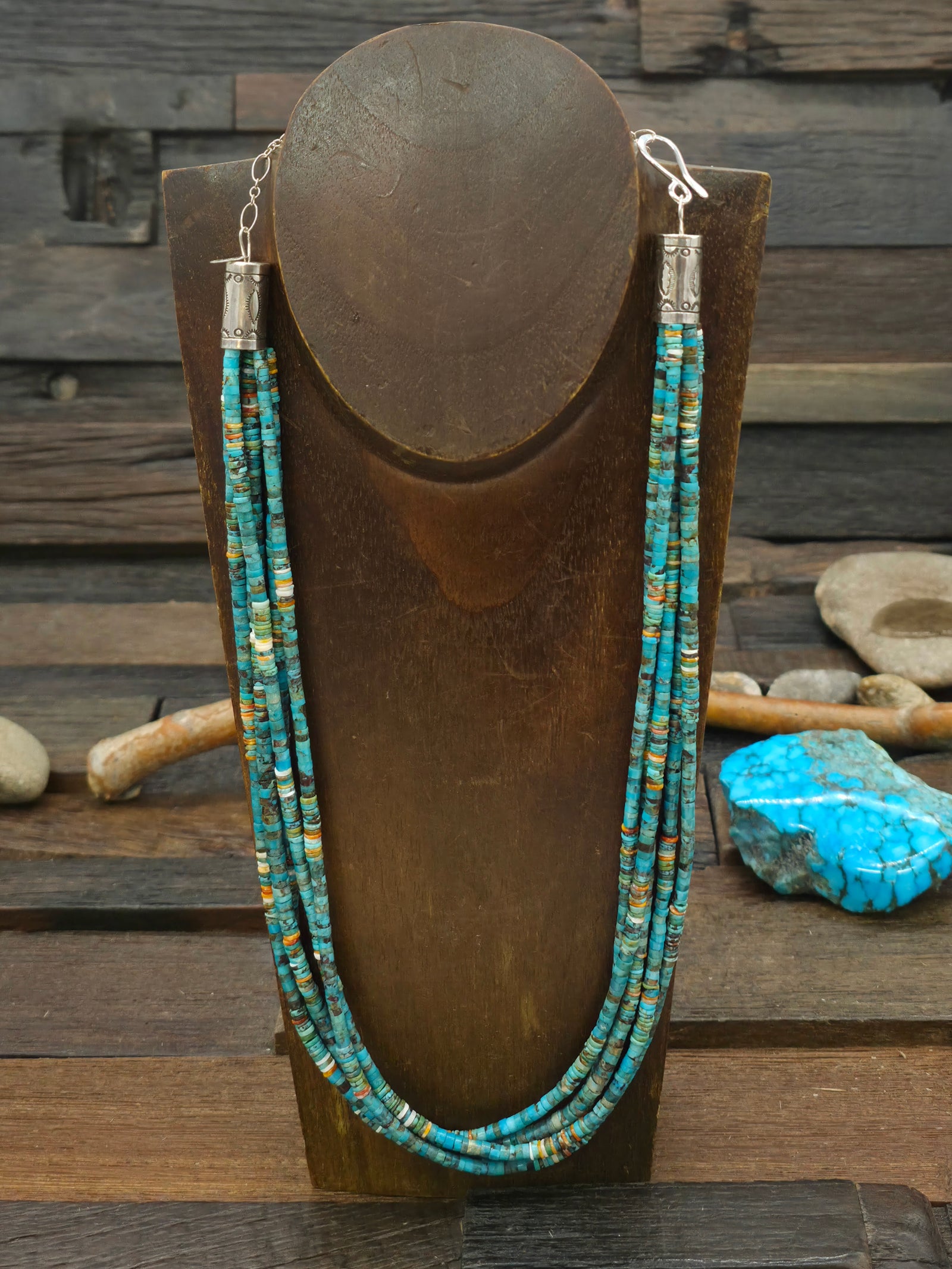 Five Strand Mixed Turquoise and Spiny Oyster Heishi Necklace by Fred Archuleta - 20 in. plus 6 in. Extender