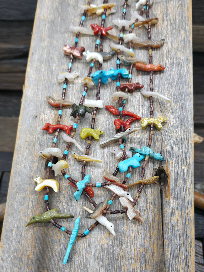 Vintage/Estate Pin Shell, Turquoise, Various Stone Animal Fetish Necklace with Sterling Findings - 25 in.
