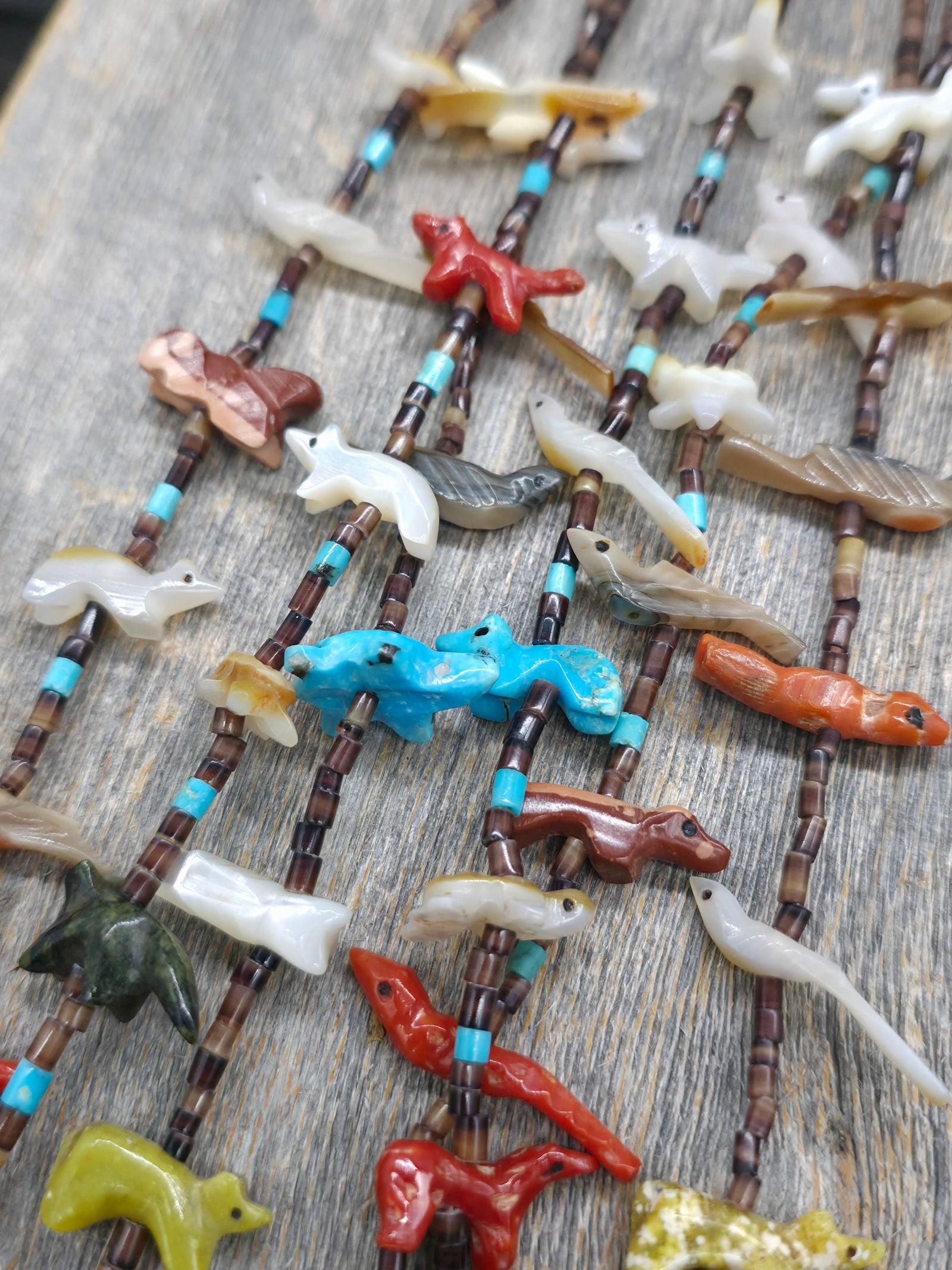 Vintage/Estate Pin Shell, Turquoise, Various Stone Animal Fetish Necklace with Sterling Findings - 25 in.