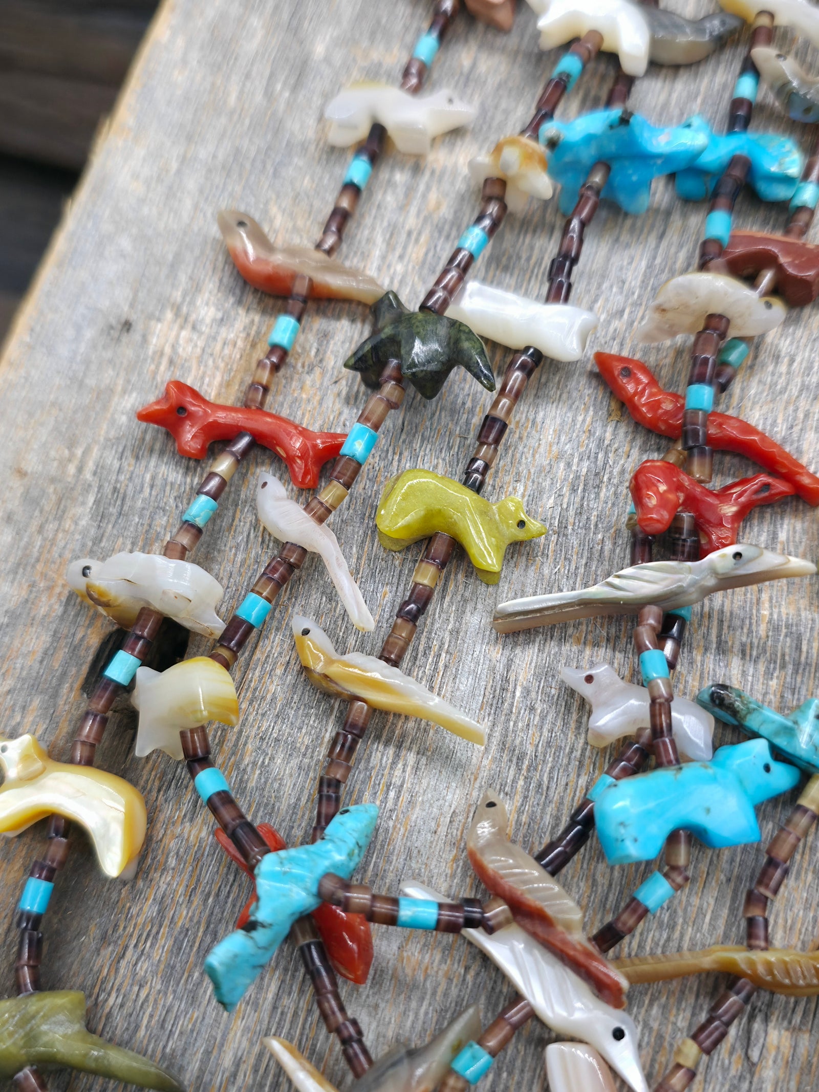 Vintage/Estate Pin Shell, Turquoise, Various Stone Animal Fetish Necklace with Sterling Findings - 25 in.