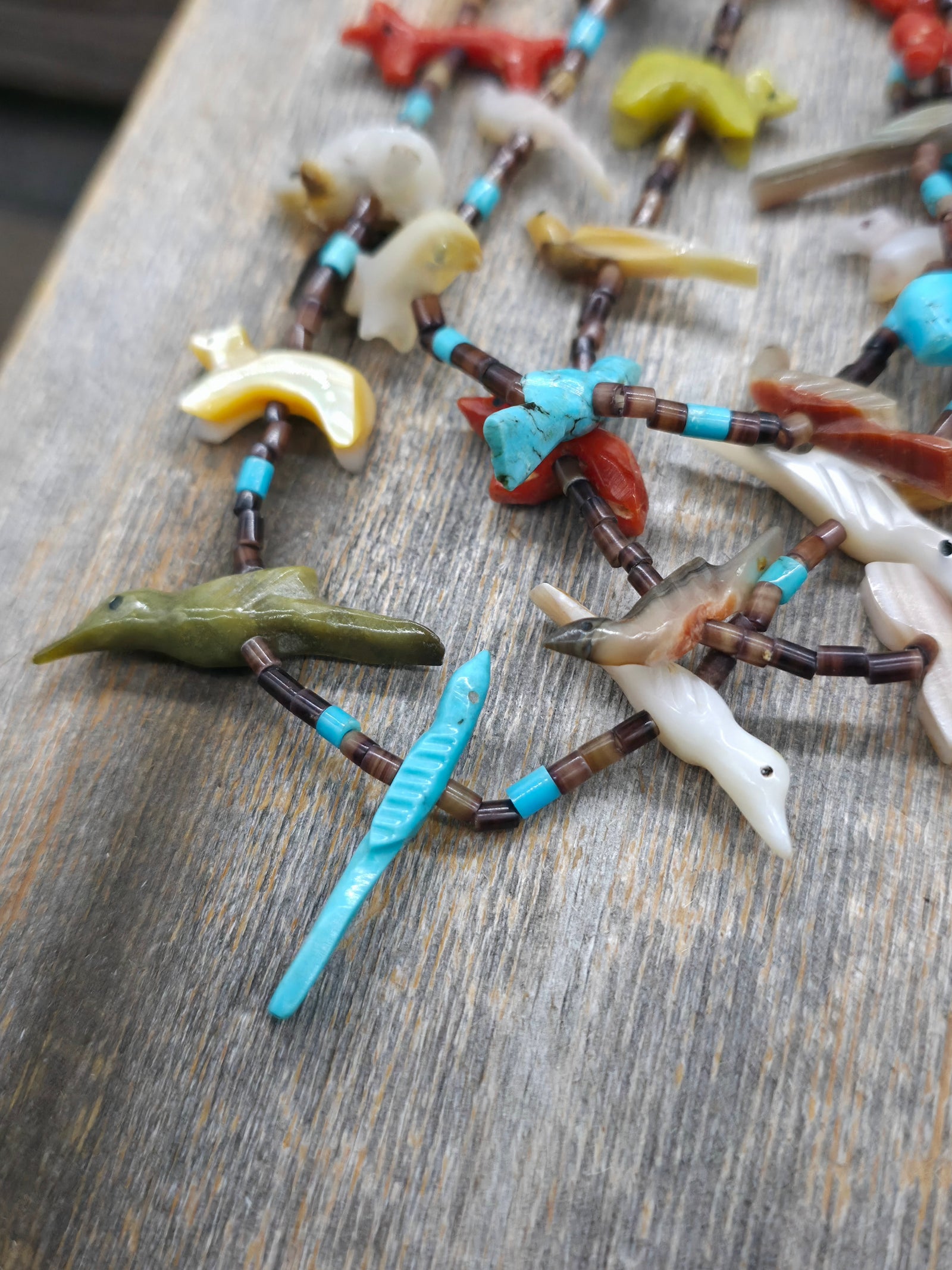 Vintage/Estate Pin Shell, Turquoise, Various Stone Animal Fetish Necklace with Sterling Findings - 25 in.