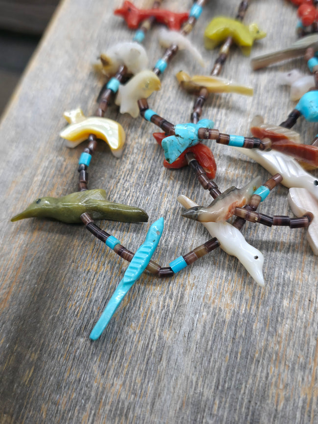 Vintage/Estate Pin Shell, Turquoise, Various Stone Animal Fetish Necklace with Sterling Findings - 25 in.