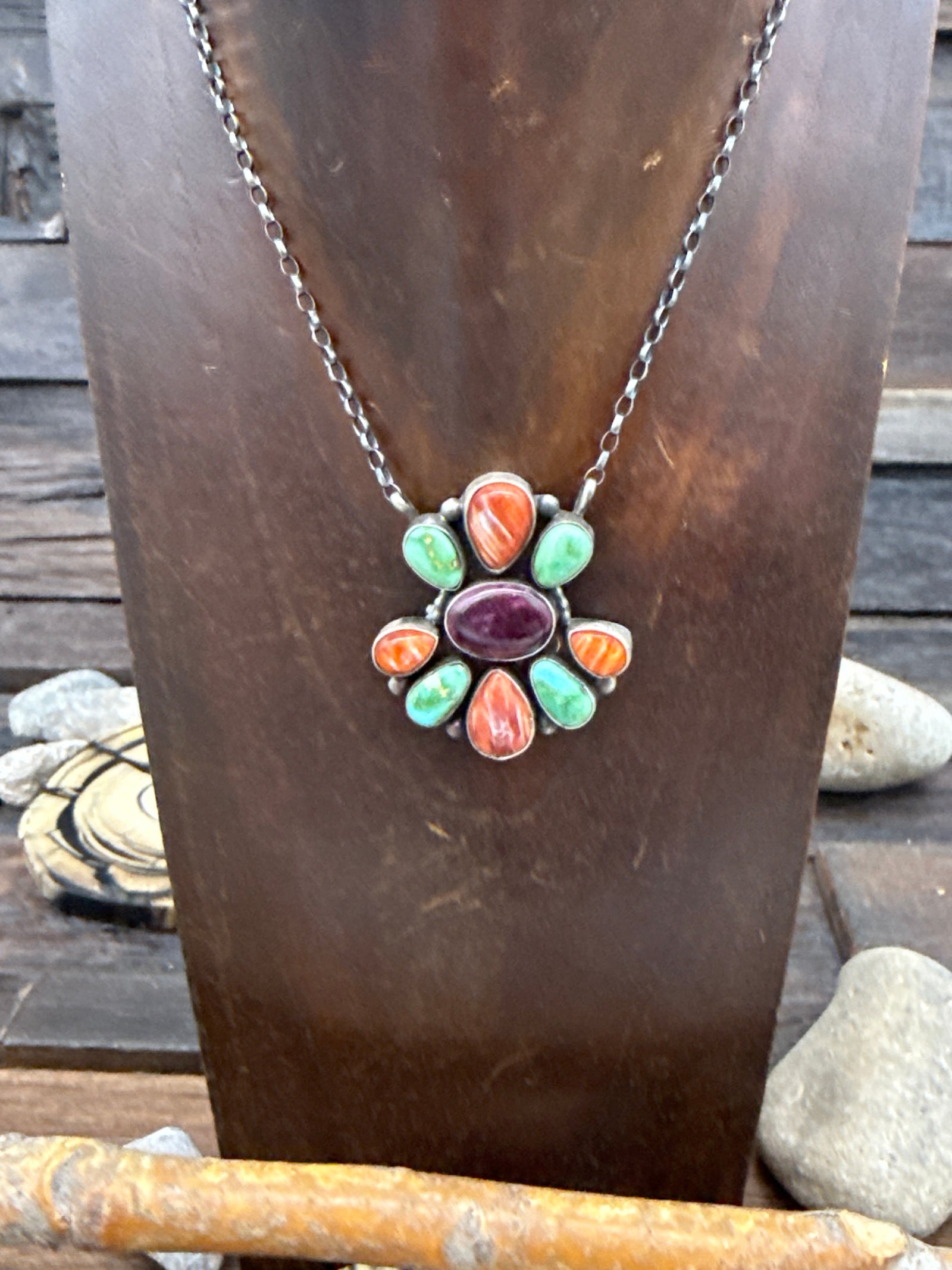Spiny Oyster and Turquoise Cluster Necklace - 18 in.