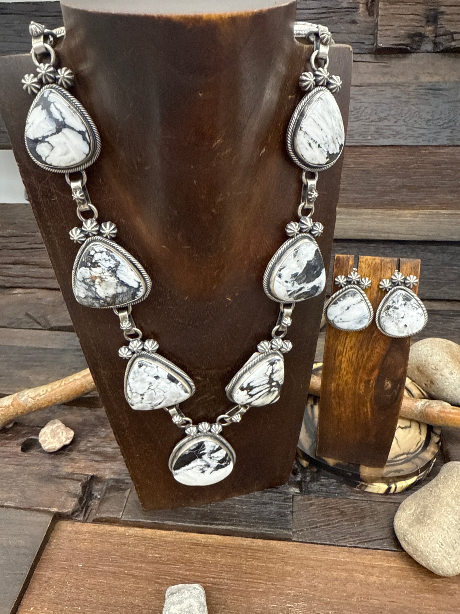 Sterling Silver Rounded Triangles White Buffalo Set 22in Necklace Post Earrings by Mark Yazzie