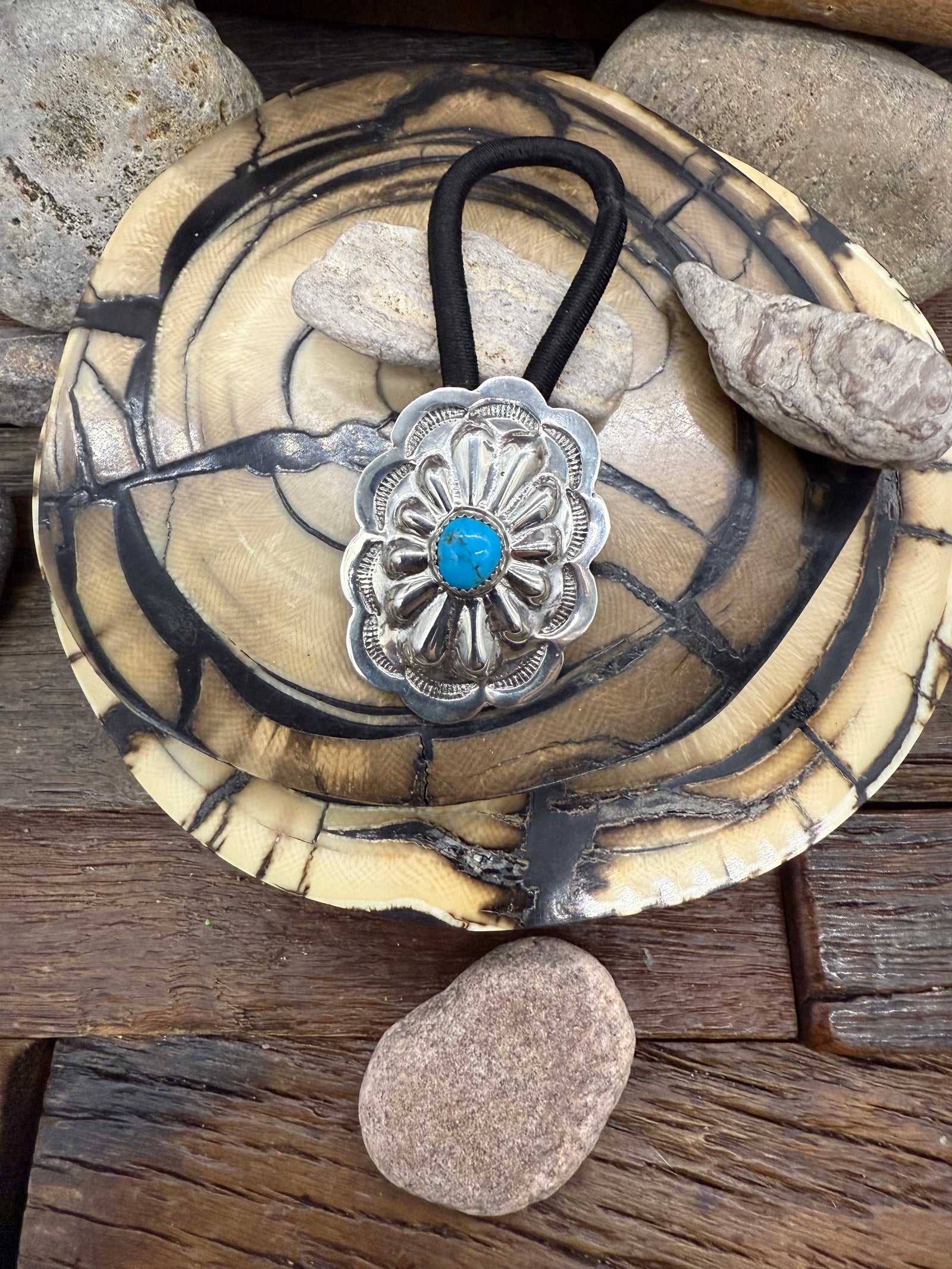 Sterling Silver Stamped Kingman Turquoise Hair Tie by Joanne Begay