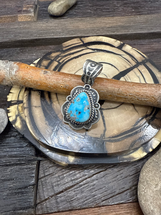 Stamped Sterling Silver and Blue Turquoise Pendant by Happy Piasso
