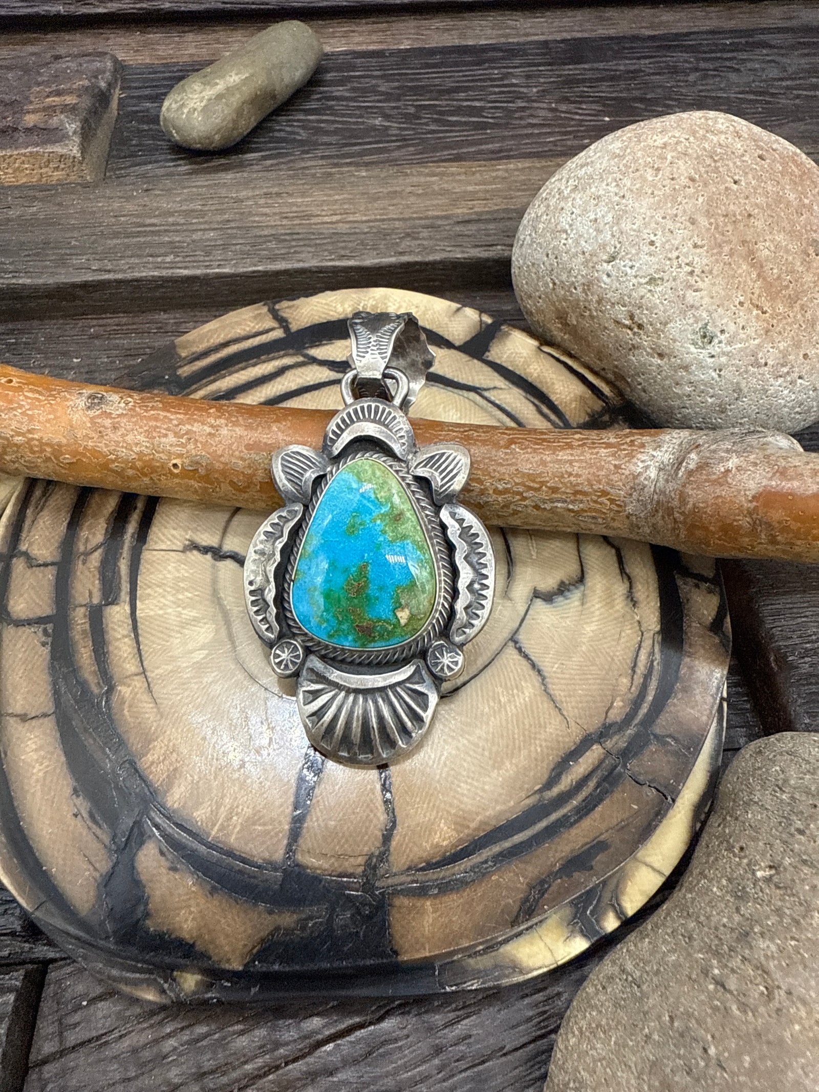 Sonoran Gold Turquoise Silver Engraved Pendant by Gilbert Tom