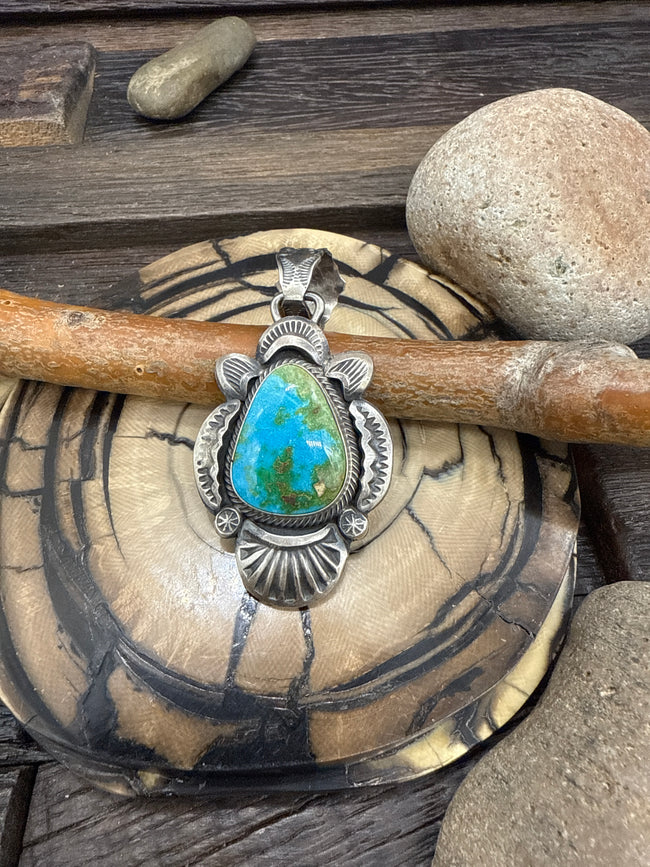 Sonoran Gold Turquoise Silver Engraved Pendant by Gilbert Tom