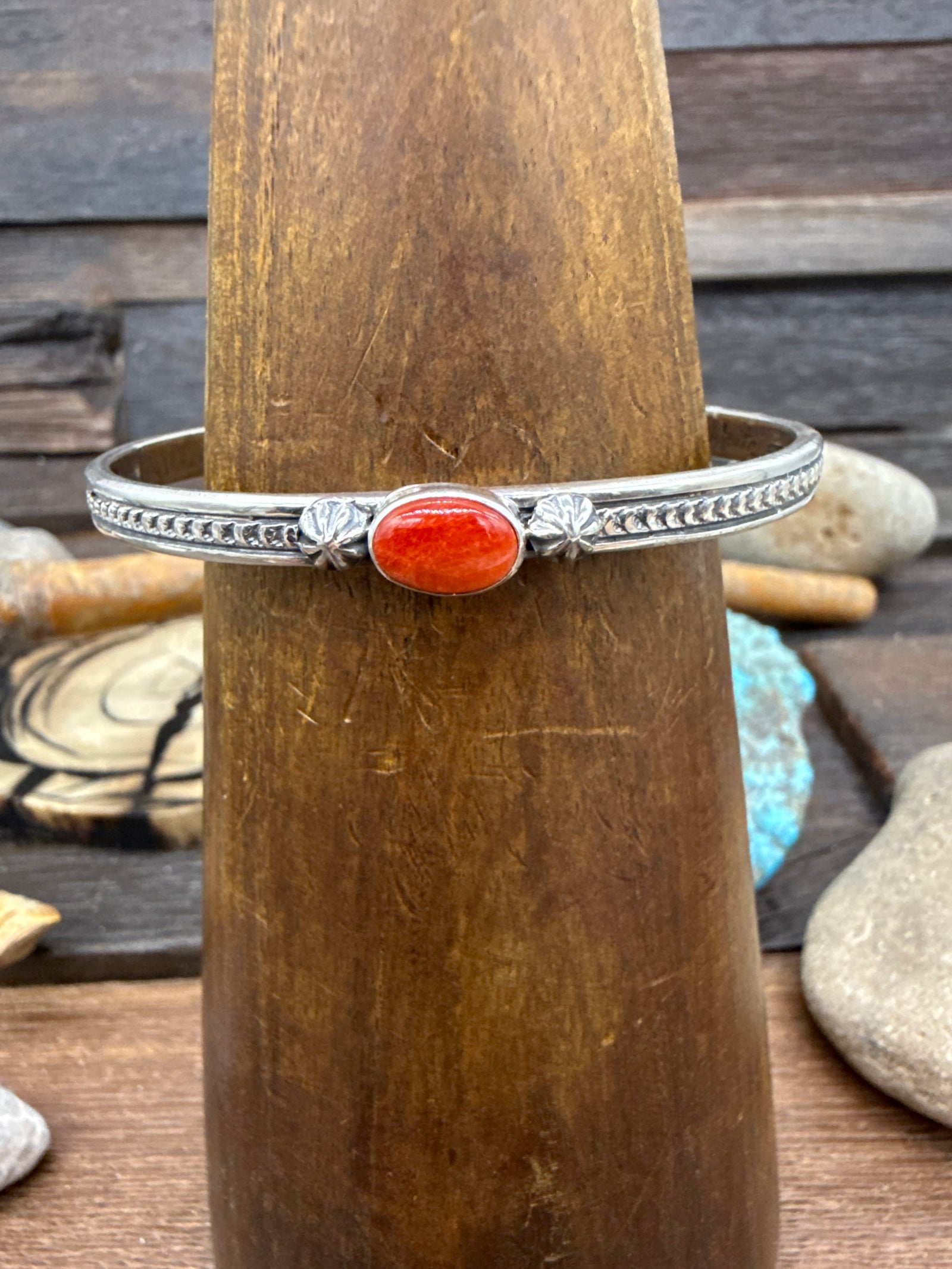 Single Stone Red Spiny Oyster Sterling Silver Cuff by June Delgarito - 6 1/2
