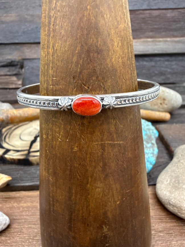 Single Stone Red Spiny Oyster Sterling Silver Cuff by June Delgarito - 6 1/2