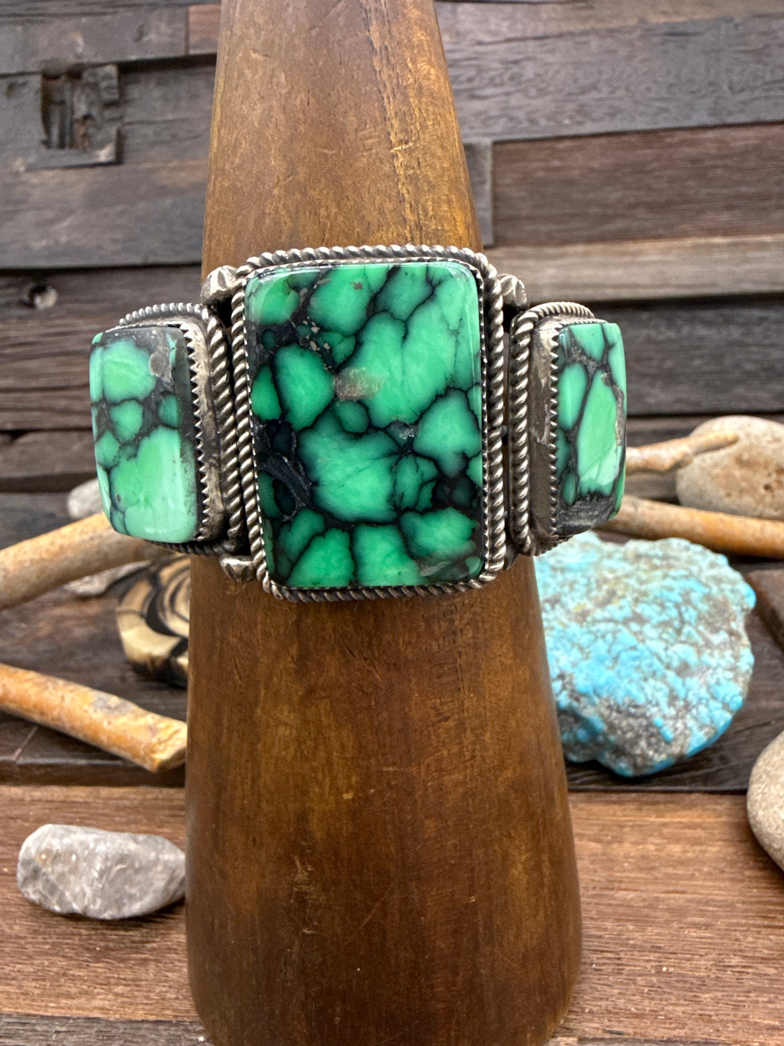 Three Stone Variscite Sterling Silver Cuff by Richard Jim - 6 1/2 in.