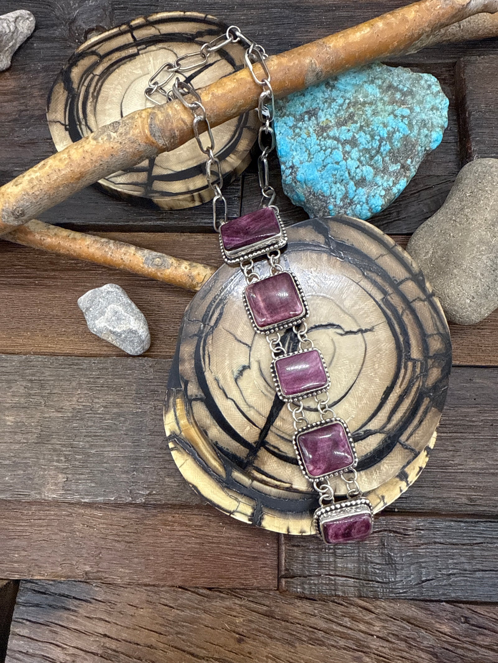 Purple Spiney Oyster Shell 22in Sterling Silver Necklace by Rosella Paxton