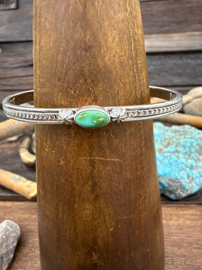 Single Stone Blue-Green Turquoise Sterling Silver Cuff by June Delgarito - 6 1/2