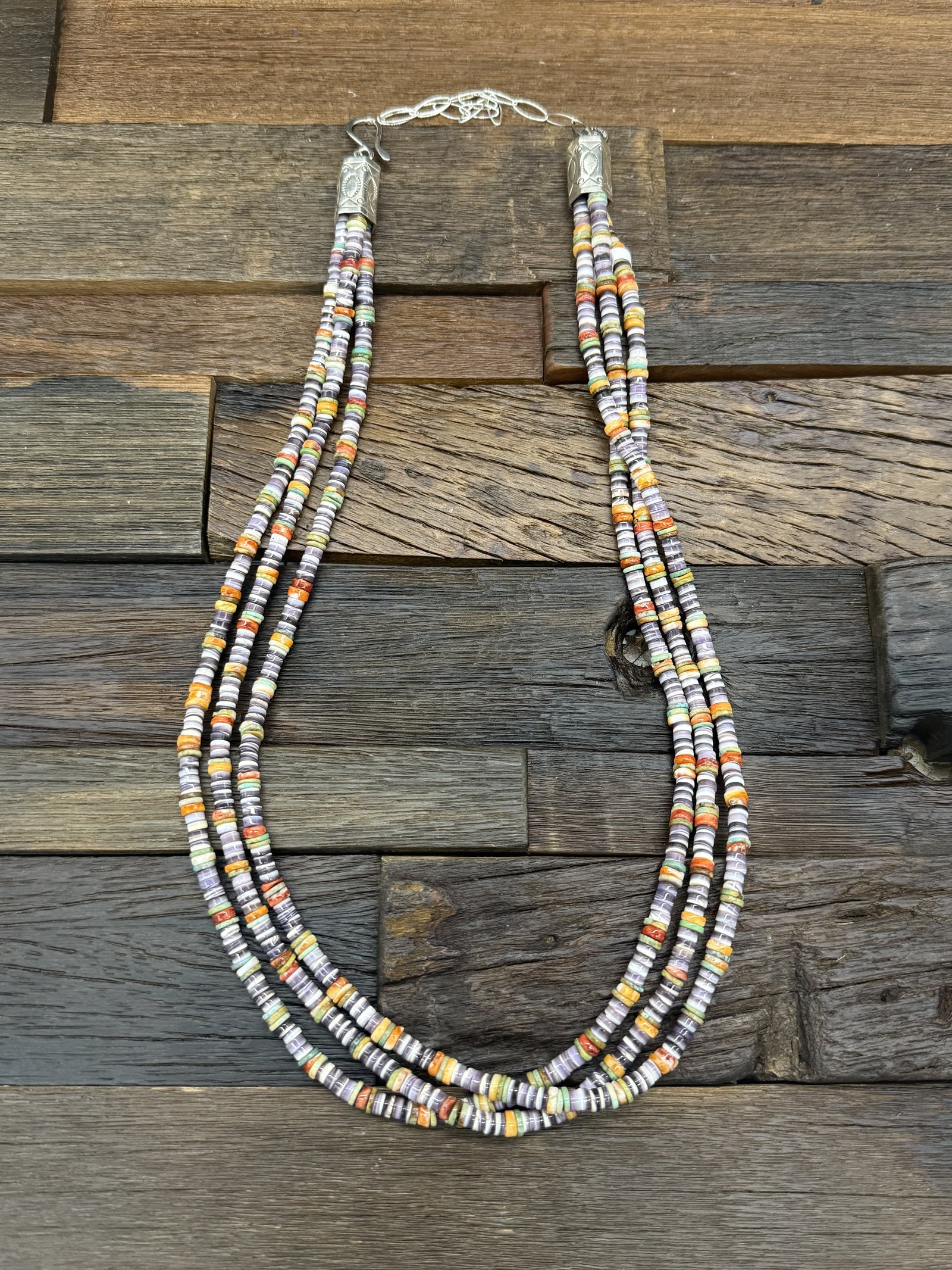 3 Strand Turquoise, Spiny, and Wampum Shell Necklace by Fred Archuleta