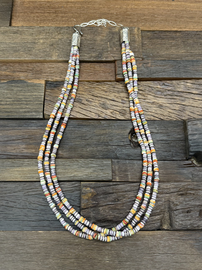 3 Strand Turquoise, Spiny, and Wampum Shell Necklace by Fred Archuleta