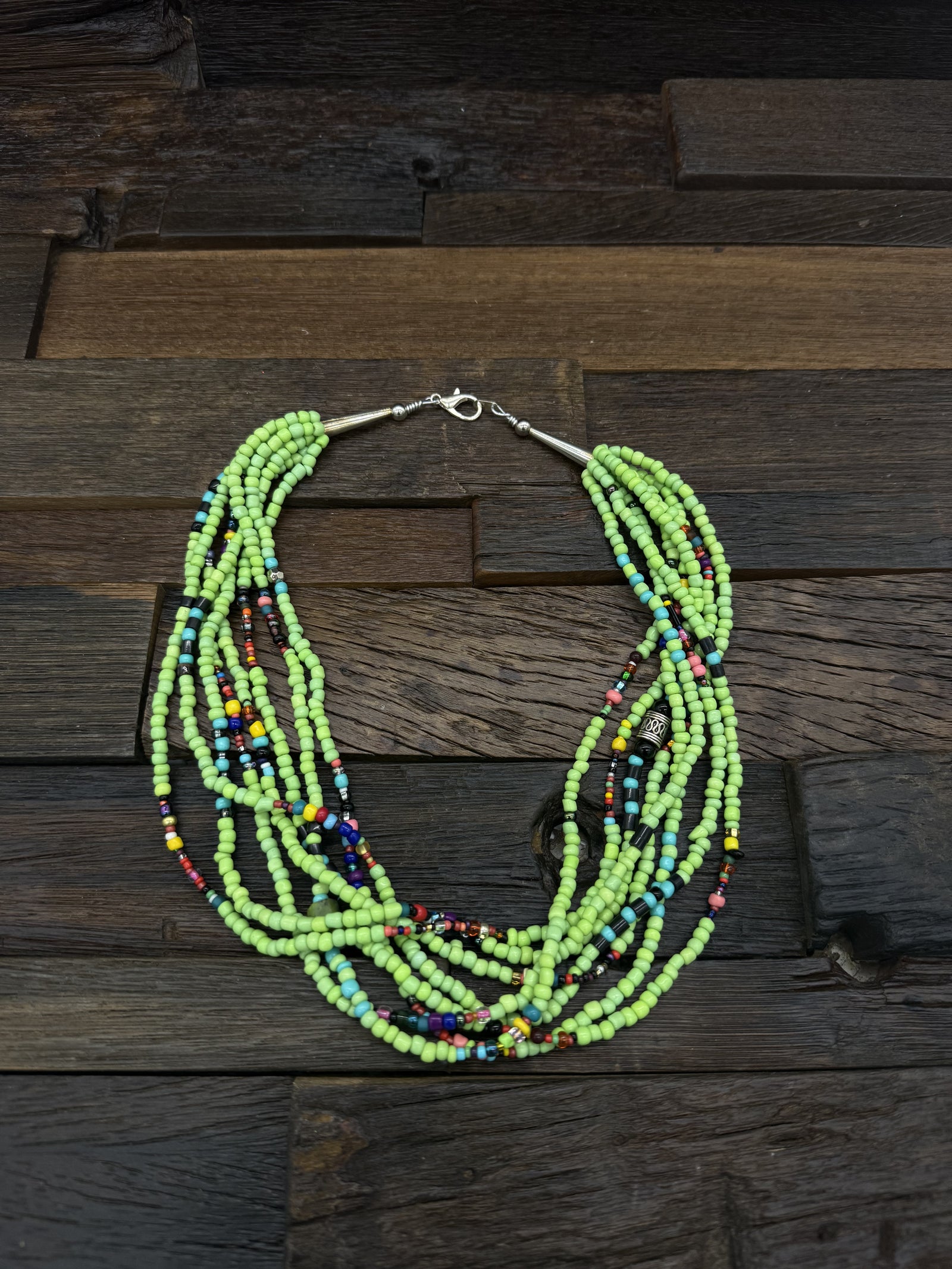8 Strand Green Multi-color Bead Necklace