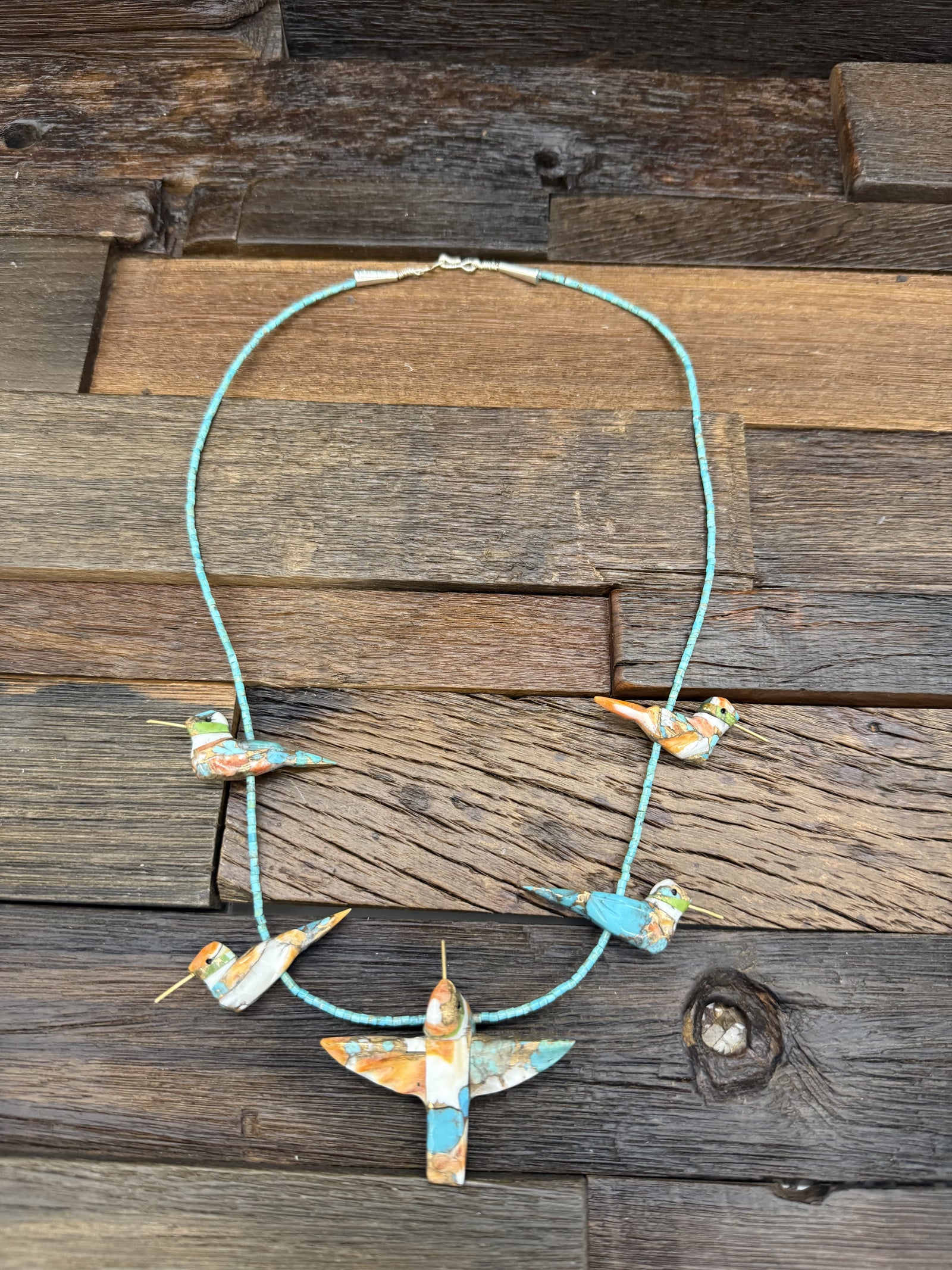 Turquoise and Spiny Oyster with Copper Hummingbird Necklace