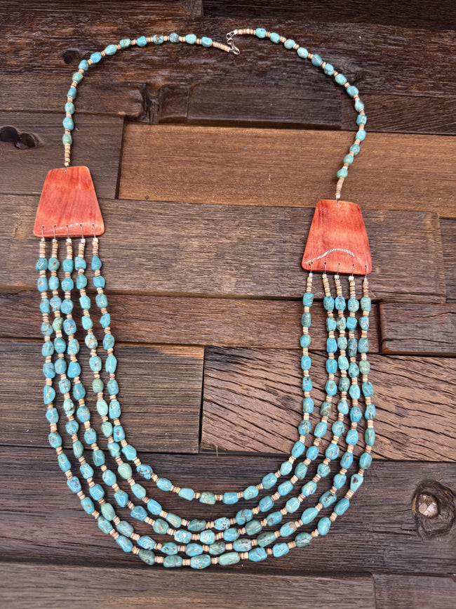 5 Strand Blue Turquoise with Spiny Oyster Tabs Necklace by Elaine Lovato