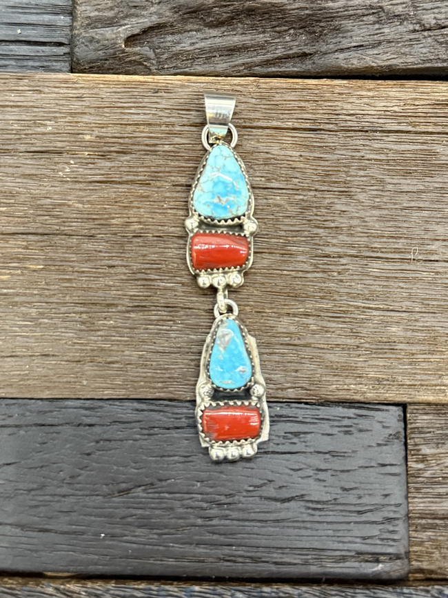 Turquoise and Coral 2 Drop Pendant by Robert Yazzie