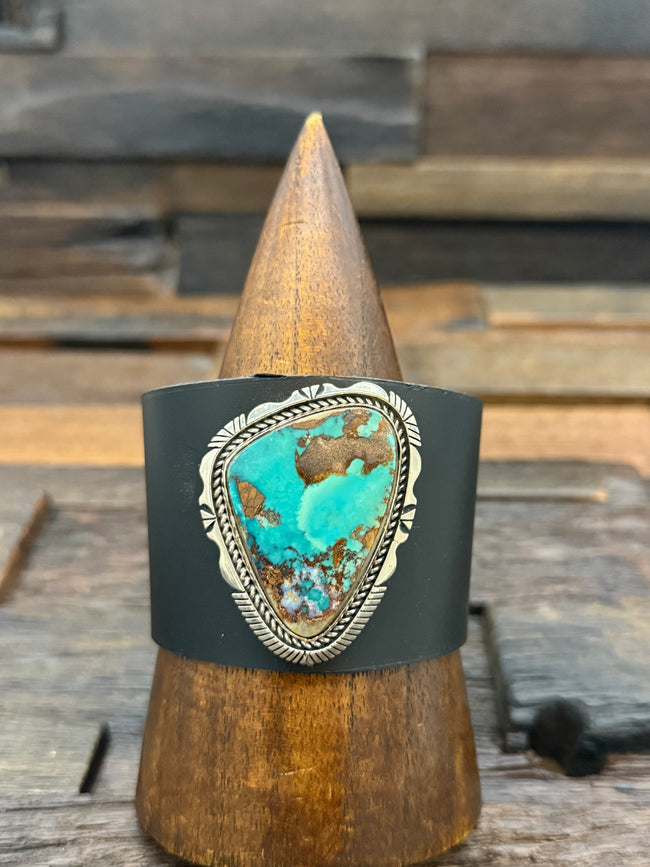 Green Turquoise and Black Leather Bracelet by Gene Belone