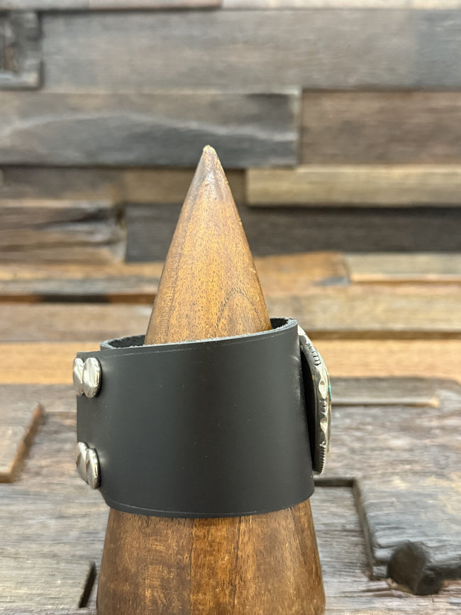 Green Turquoise and Black Leather Bracelet by Gene Belone