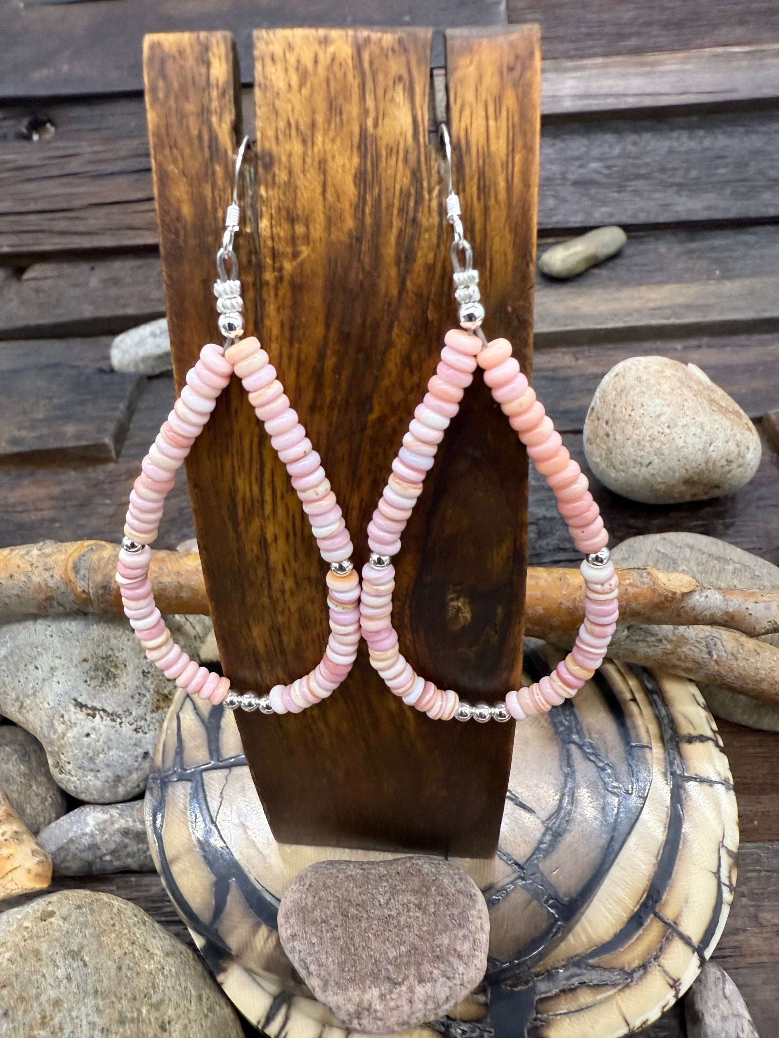 Pink Conch Sterling Silver Beaded Dangle Hook Earrings