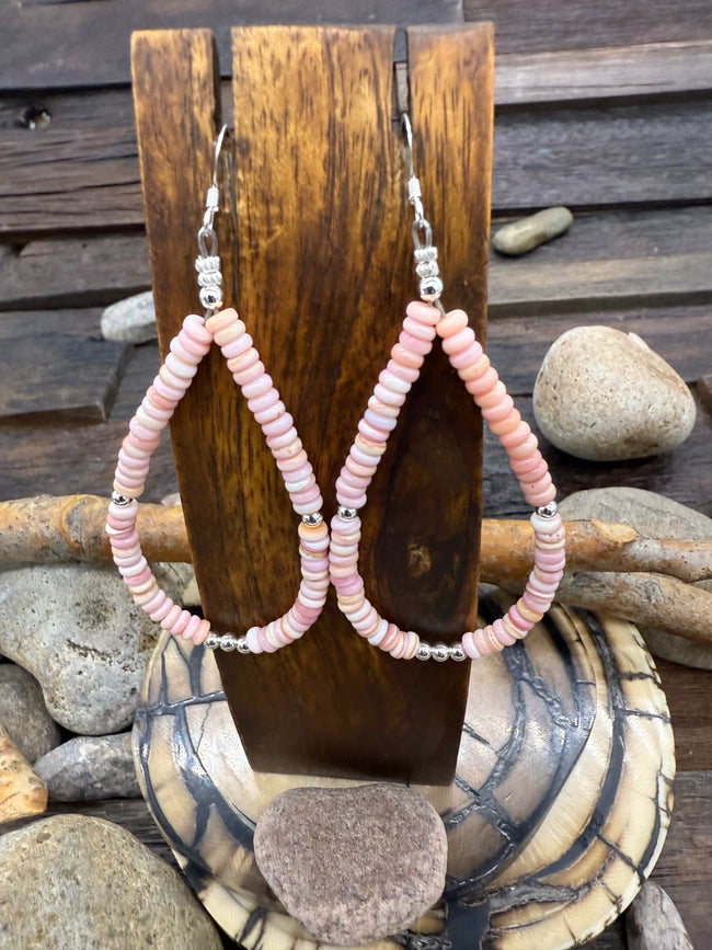 Pink Conch Sterling Silver Beaded Dangle Hook Earrings