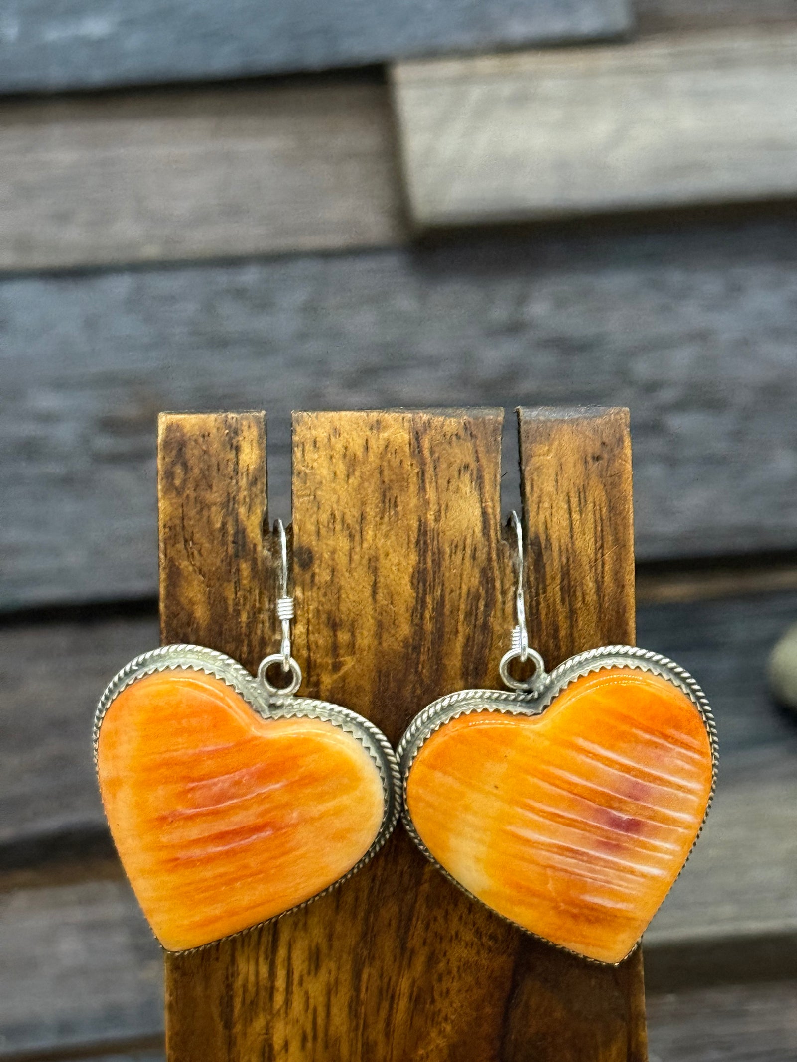 Orange Spiny Oyster Heart Sterling Silver Dangle Hook Earrings