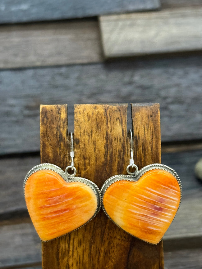 Orange Spiny Oyster Heart Sterling Silver Dangle Hook Earrings