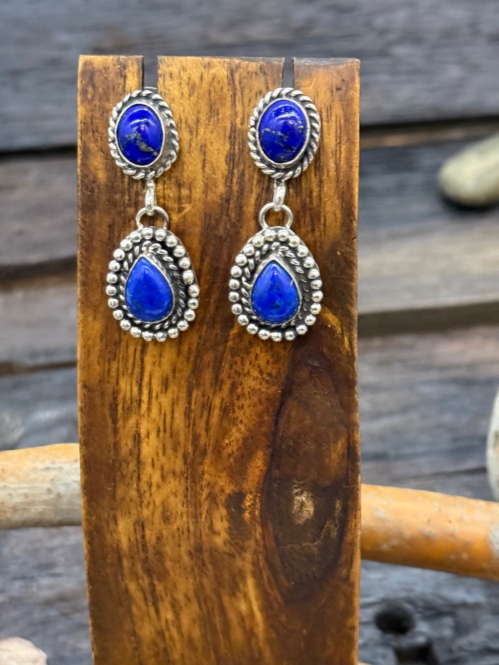 Two Stone Lapis Lazuli Dangle Earrings by Linda Yazzie
