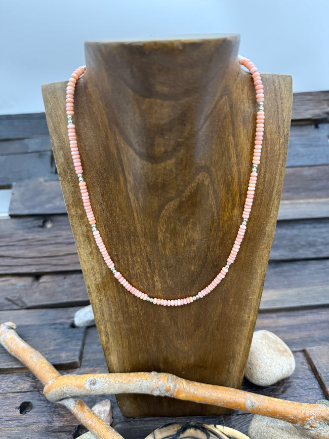 Pink Conch and Sterling Silver Beaded Strand Necklace 17 Inches