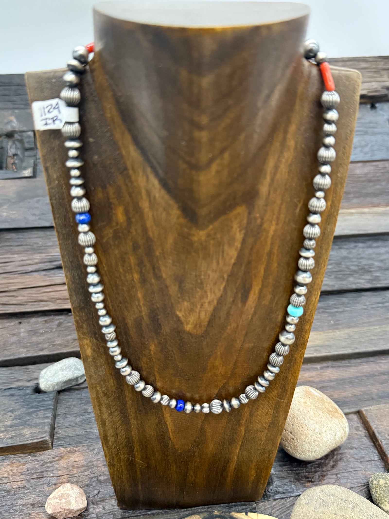 Mixed Sterling Silver Bead Necklace with Larimar, Coral, Lapis, and Sonoran - 22 in.