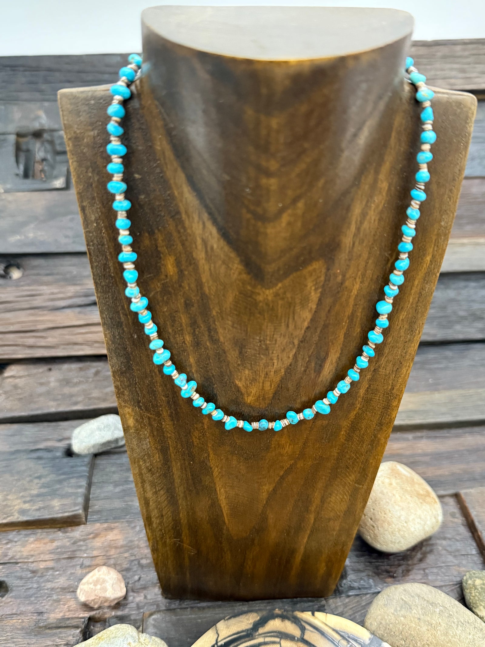 Blue Turquoise and Pin Shell Strand Necklace 15in with 2in extender