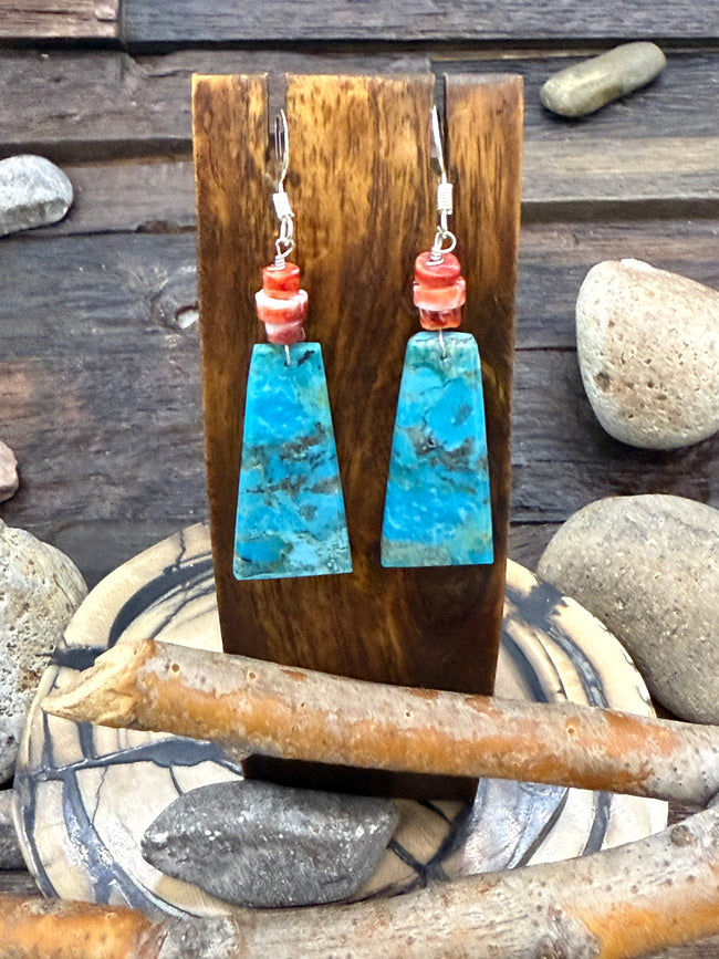 Turquoise Slab Hook Dangle Earrings with Red Spiny Oyster 2 3/4Inch