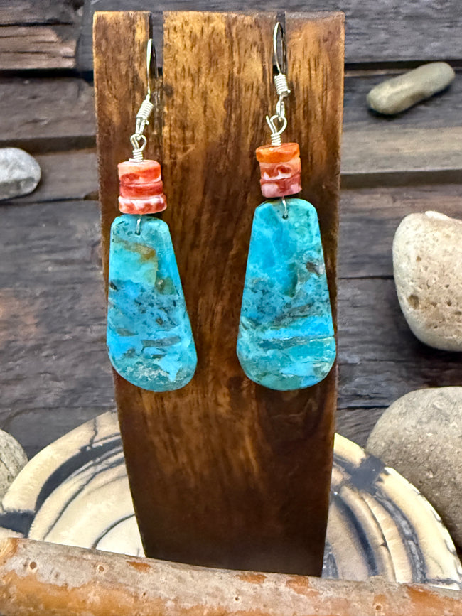 Turquoise Slab Hook Dangle Earrings with Orange and Red Spiny Oyster 2 3/4Inch