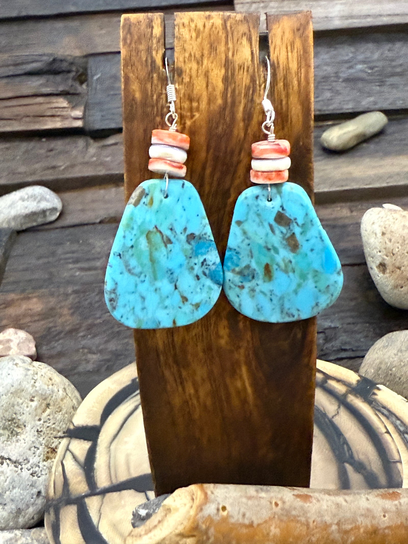 Turquoise Rounded Slab Hook Dangle Earrings with Red and Purple Spiny Oyster 2 3/4Inch