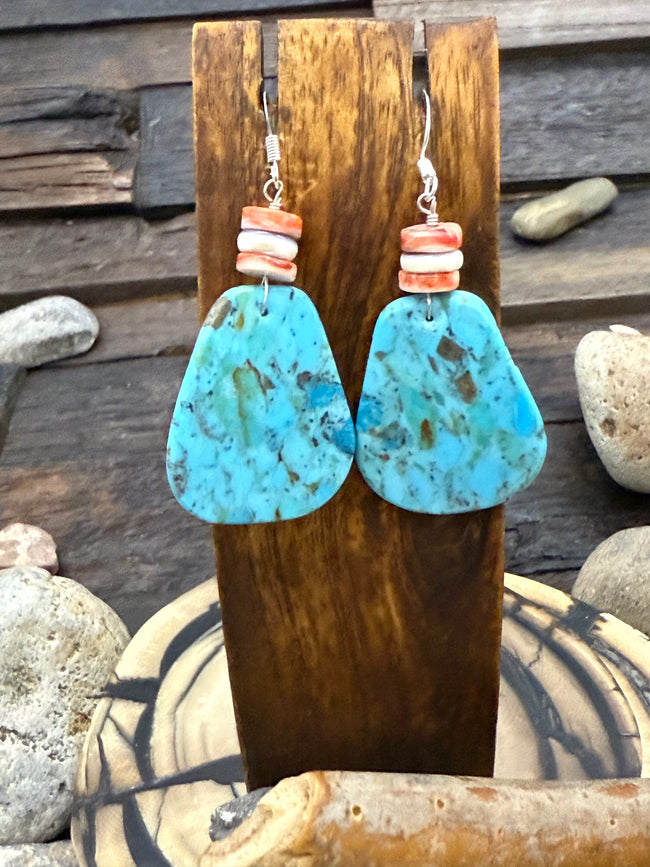 Turquoise Rounded Slab Hook Dangle Earrings with Red and Purple Spiny Oyster 2 3/4Inch