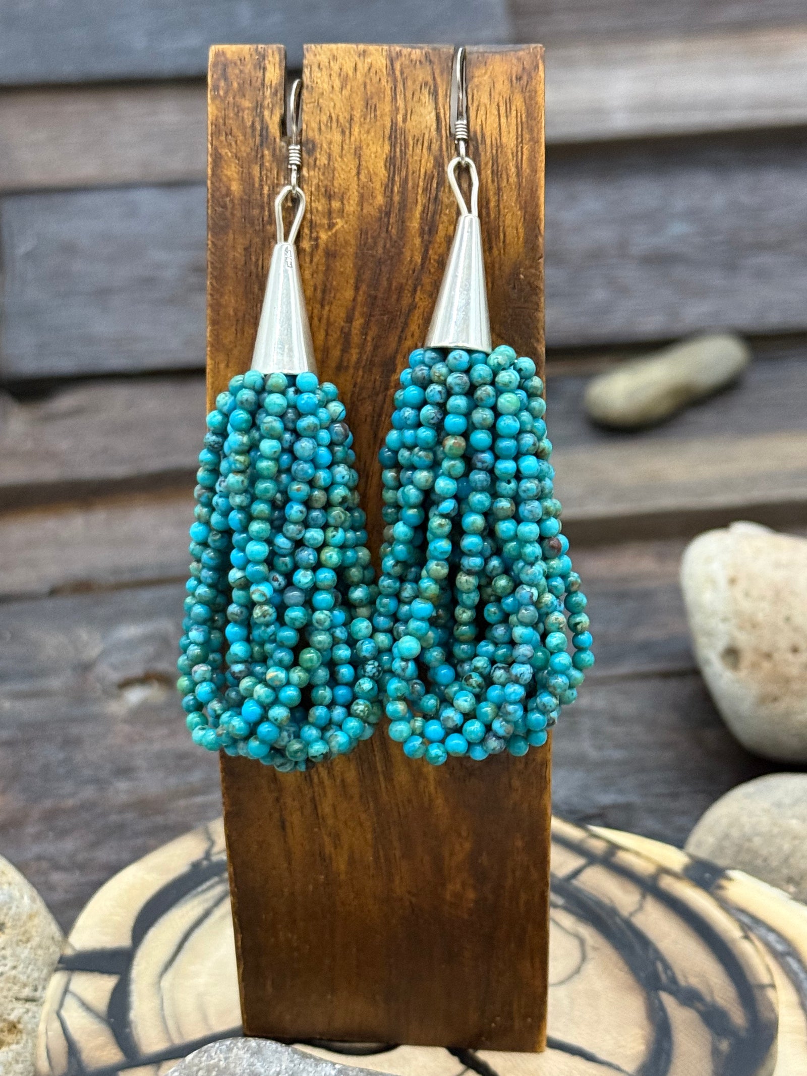 Blue Turquoise Beaded 10 Strand Sterling Silver Hook Dangle Earrings