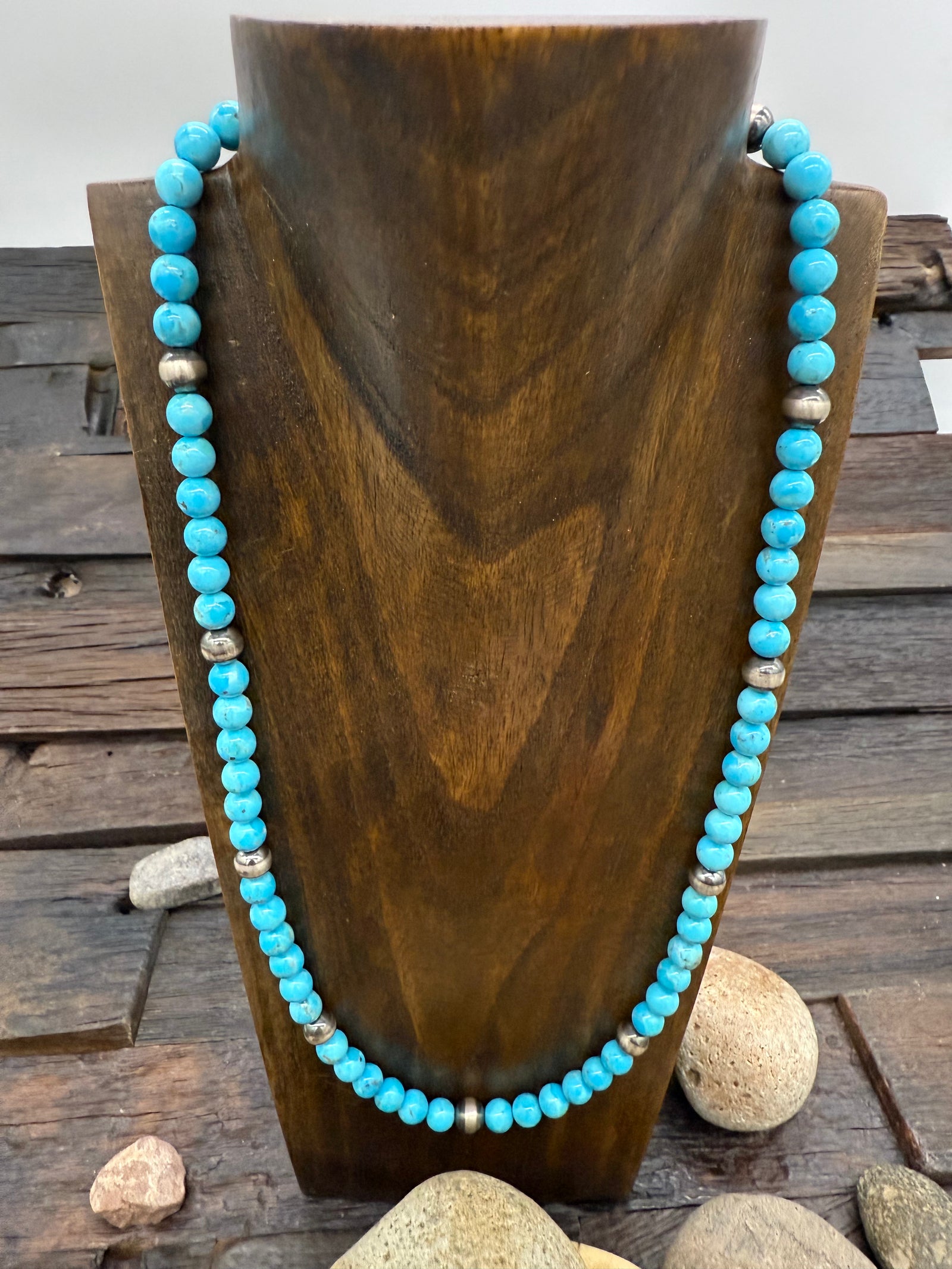 Campitos Turquoise Sterling Silver Oxidized Beads Necklace 22in