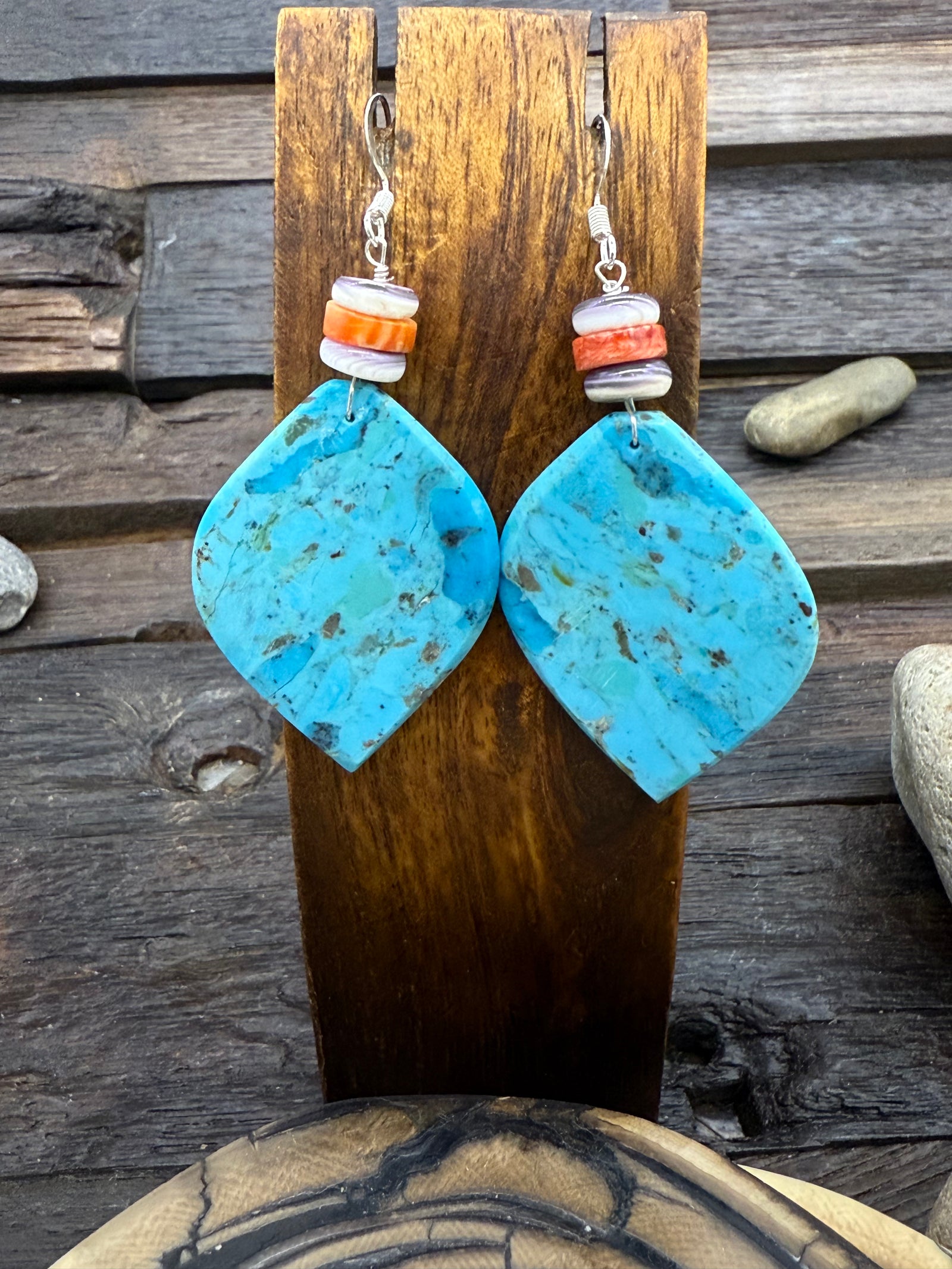 Turquoise Slab Hook Dangle Earrings with Purple and Red Spiny Oyster 2 3/4Inch