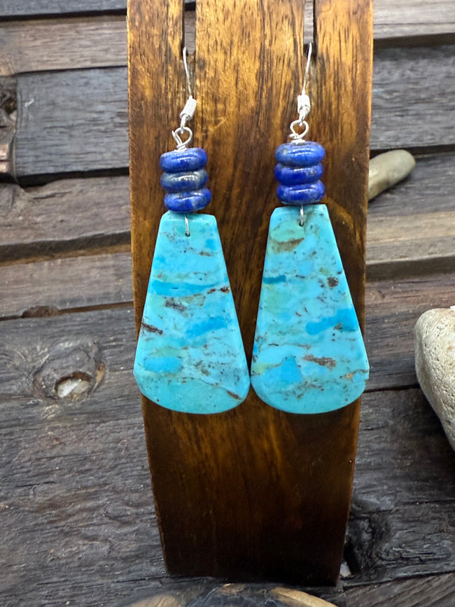 Turquoise Slab Hook Dangle Earrings with Lapis 2 3/4Inch