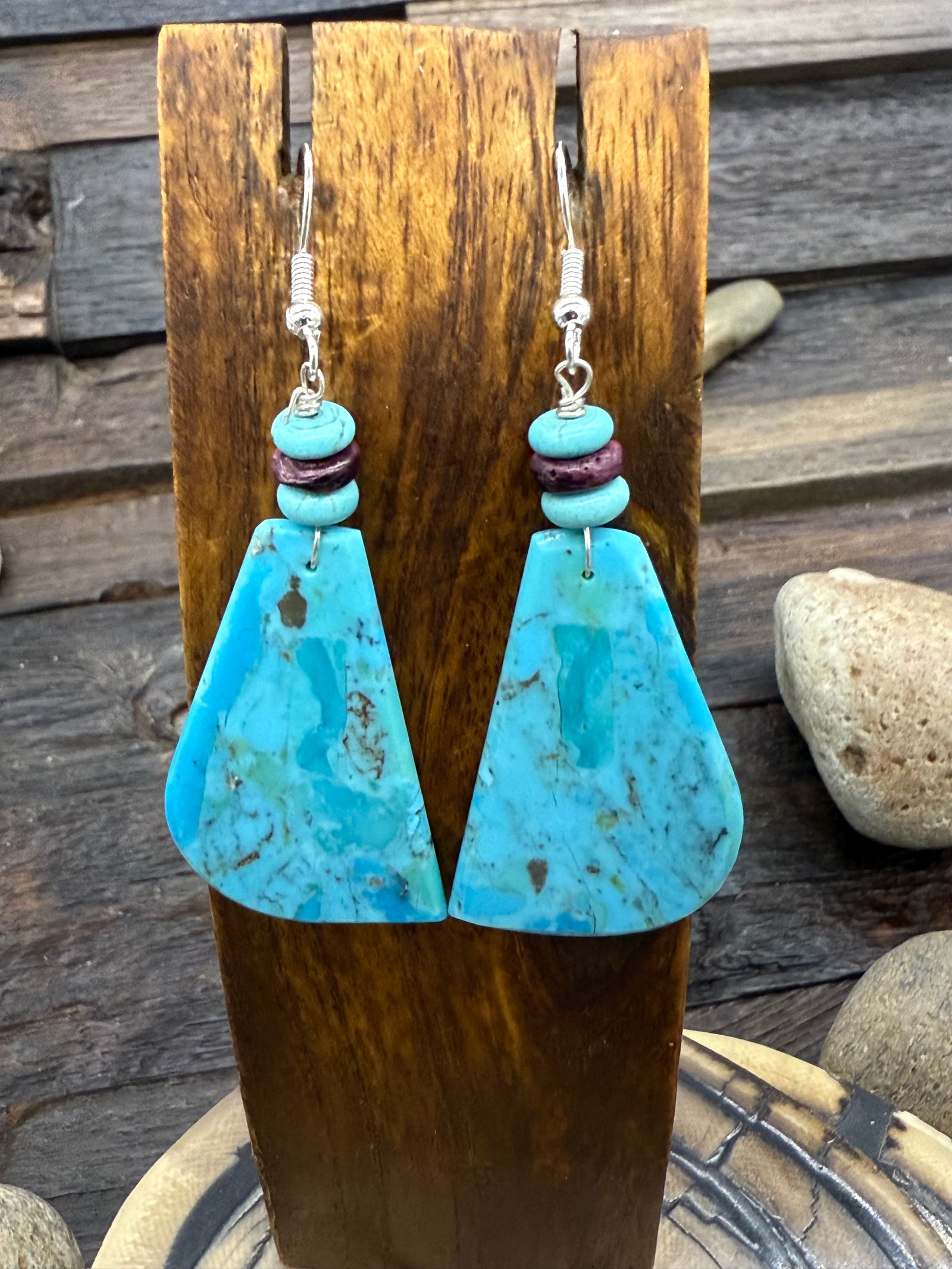Turquoise Slab Hook Dangle Earrings with Purple Spiny Oyster 2 3/4Inch